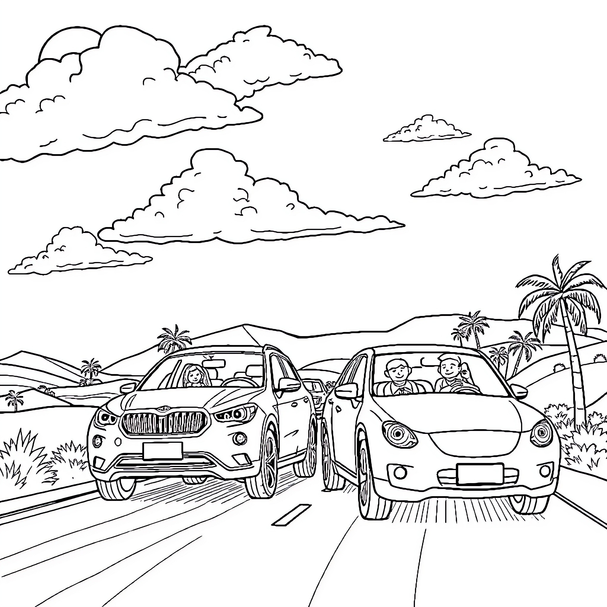 Cars driving on road near tropical landscape Coloring Page (free black-and-white line drawing printable PDF for all, from beginners to advanced learners, including children, teens, adults, and seniors)
