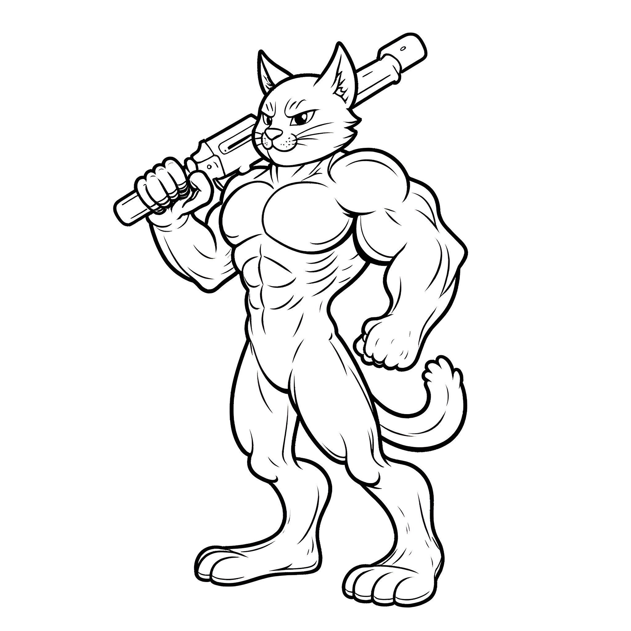 Cat Warrior Wielding Weapon Coloring Page (free black-and-white line drawing printable PDF for all, from beginners to advanced learners, including children, teens, adults, and seniors)