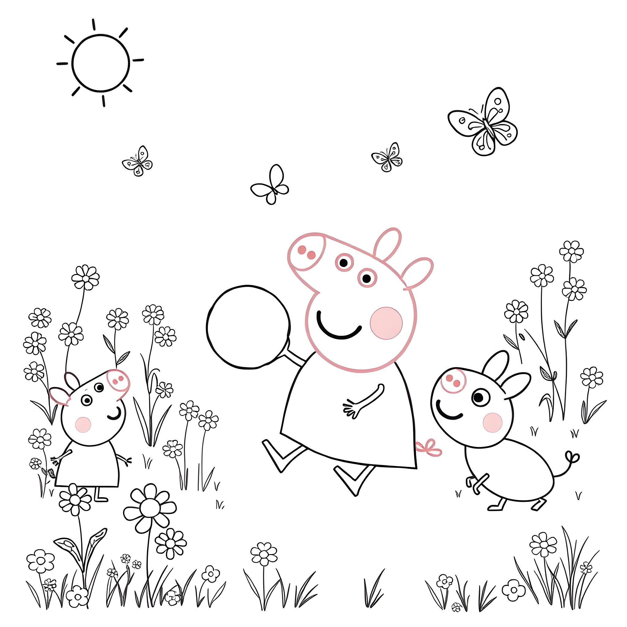 Peppa Pig and friends enjoying the outdoors Coloring Page (free black-and-white line drawing printable PDF for all, from beginners to advanced learners, including children, teens, adults, and seniors)