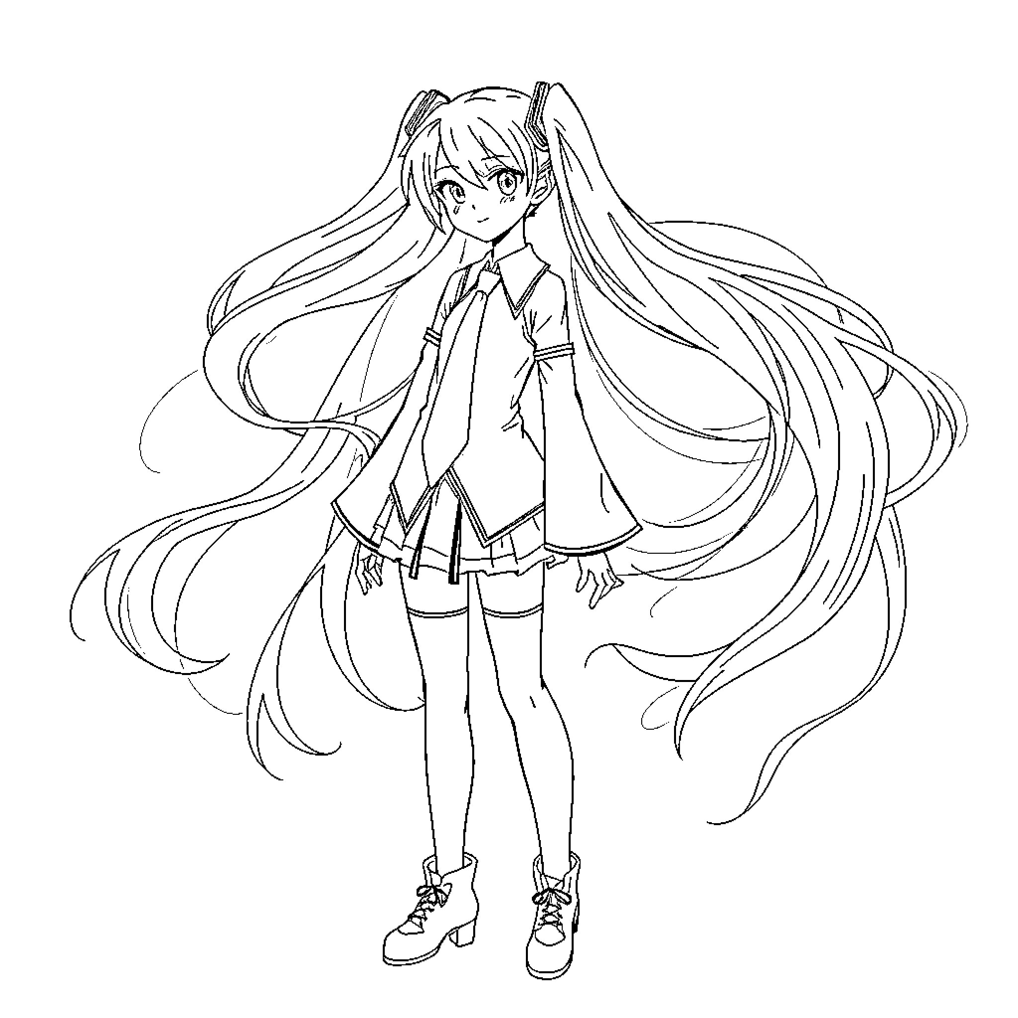 Hatsune Miku in casual outfit with long hair Coloring Page (free black-and-white line drawing printable PDF for all, from beginners to advanced learners, including children, teens, adults, and seniors)