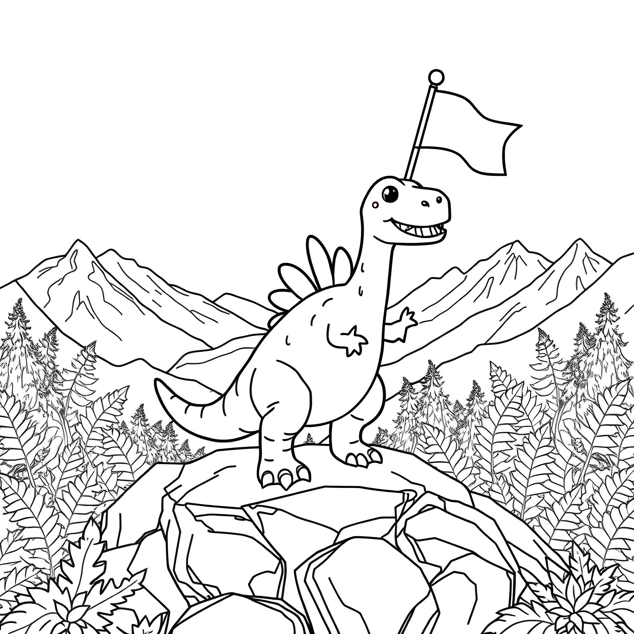 Dinosaur waving flag on rocky mountain landscape Coloring Page (free black-and-white line drawing printable PDF for all, from beginners to advanced learners, including children, teens, adults, and seniors)