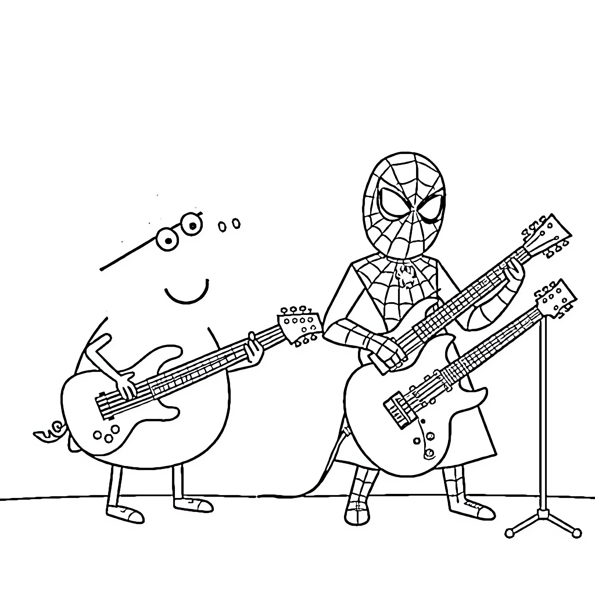 Peppa Pig and Spider-Man performing music together Coloring Page (free black-and-white line drawing printable PDF for all, from beginners to advanced learners, including children, teens, adults, and seniors)