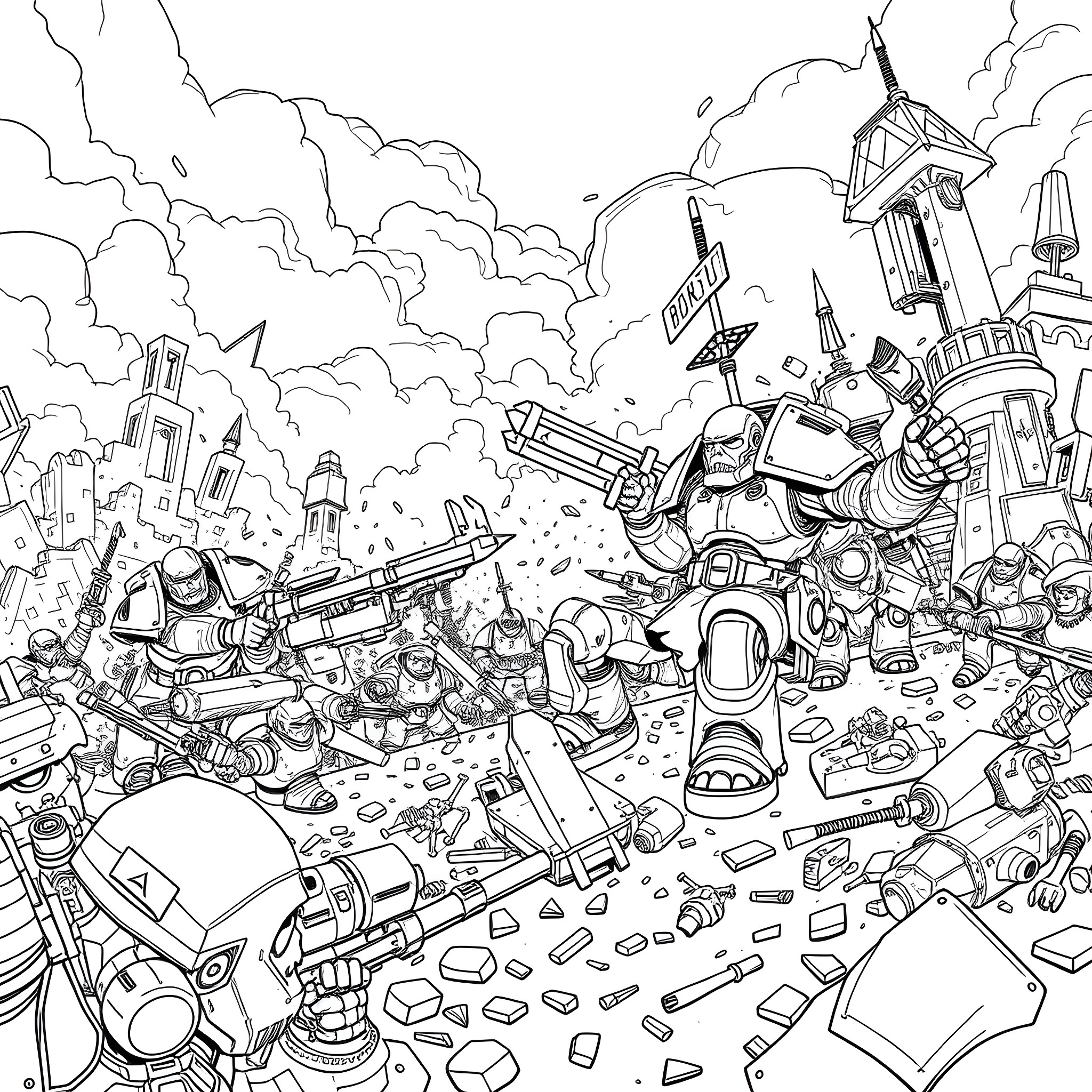 Warhammer Chaotic Battle in the Ruins Coloring Page (free black-and-white line drawing printable PDF for all, from beginners to advanced learners, including children, teens, adults, and seniors)