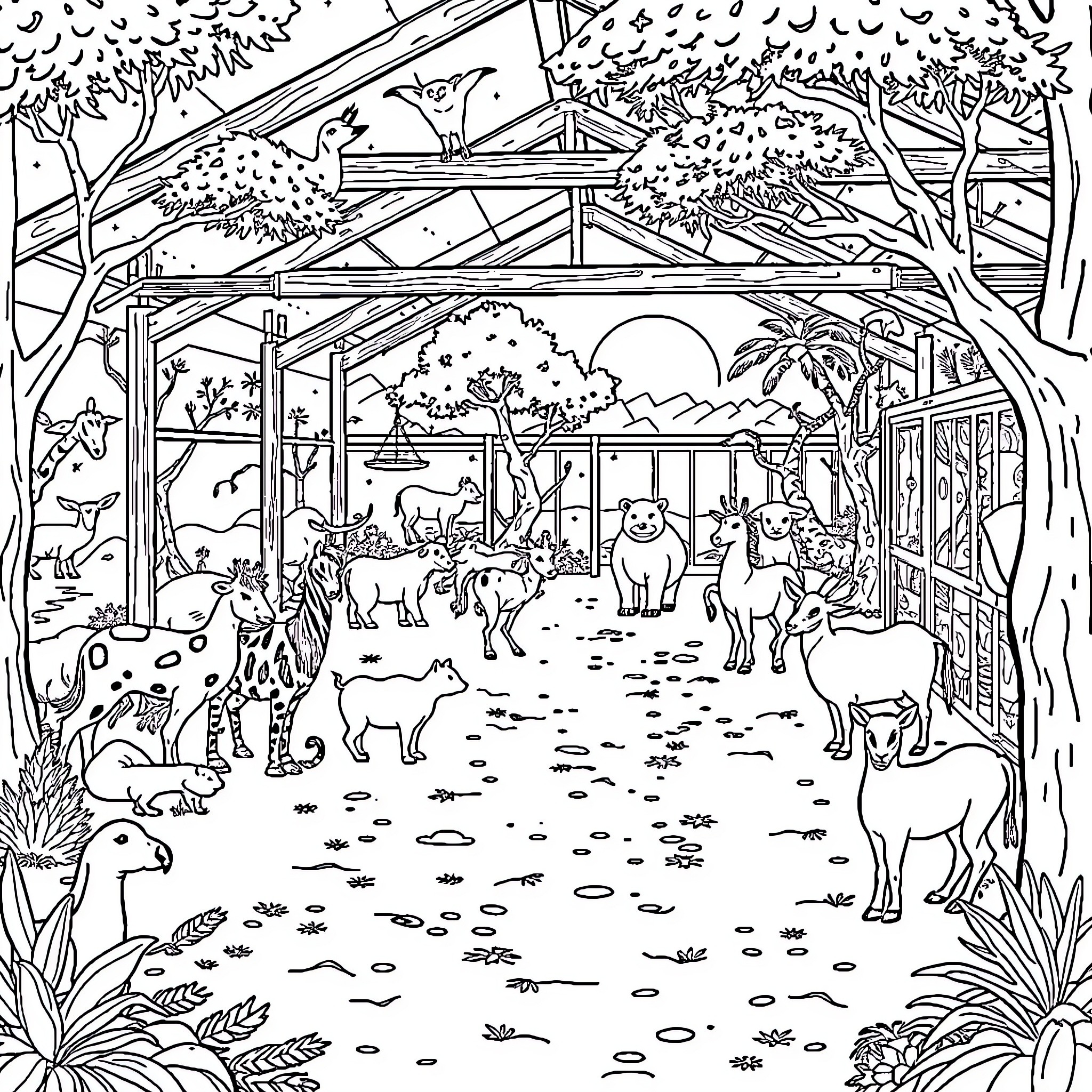 Animal Park Filled with Diverse Creatures and Habitats Coloring Page (free black-and-white line drawing printable PDF for all, from beginners to advanced learners, including children, teens, adults, and seniors)