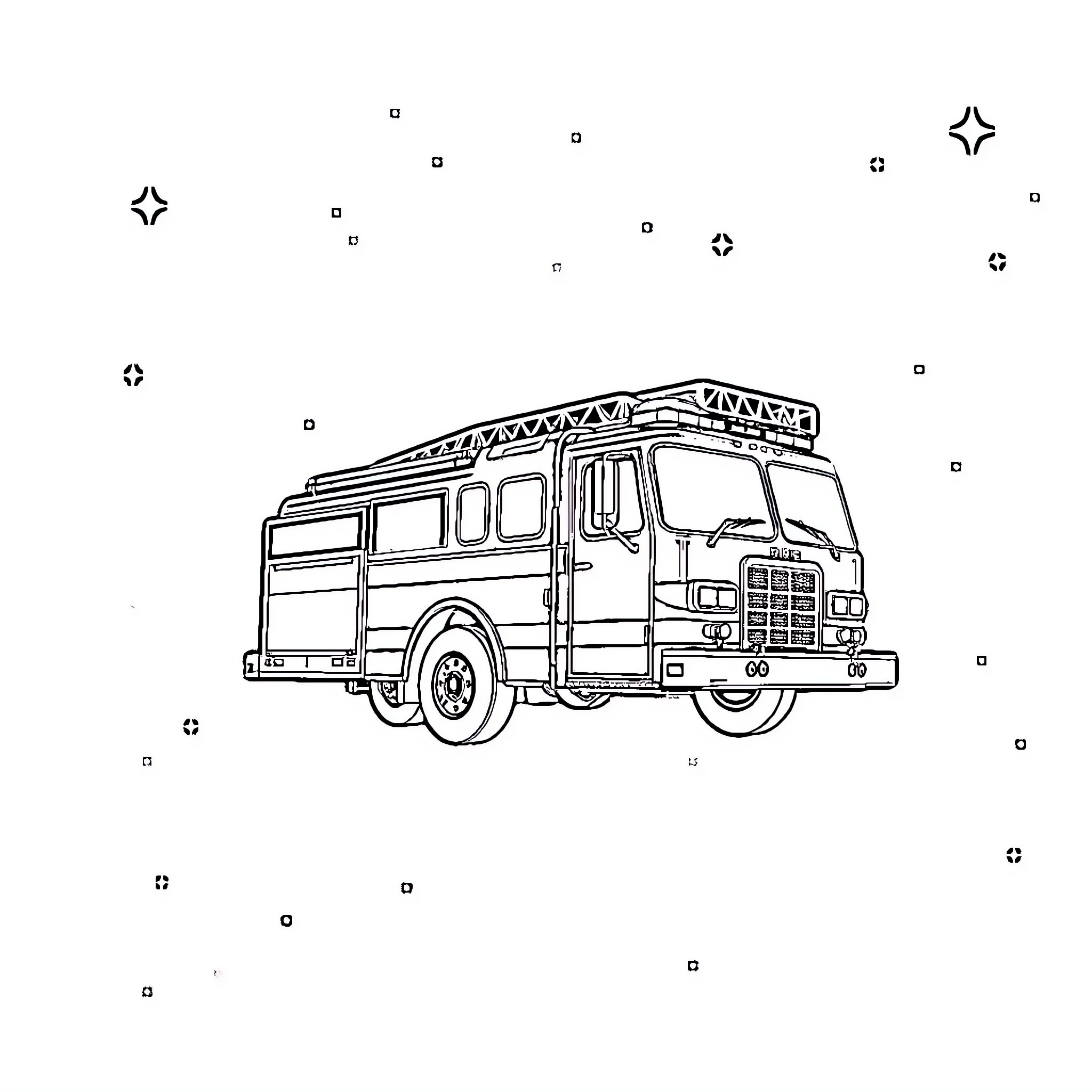 Fire Truck Rushing to Emergency Scene Coloring Page (free black-and-white line drawing printable PDF for all, from beginners to advanced learners, including children, teens, adults, and seniors)