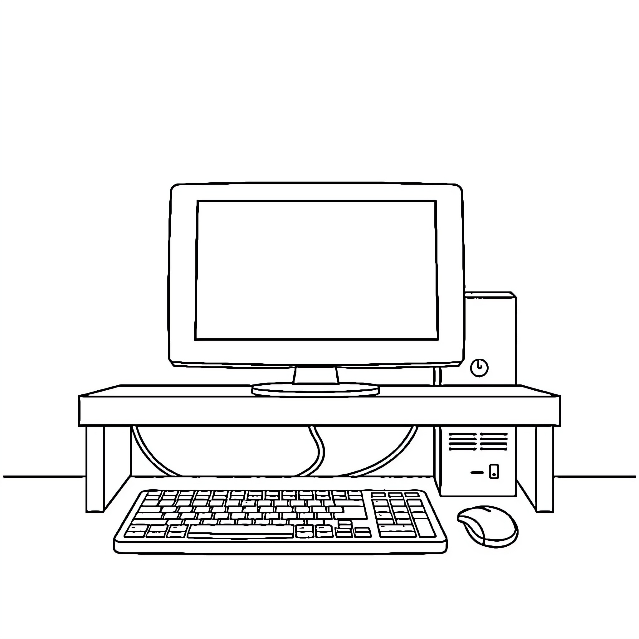 Desktop Computer with Keyboard and Mouse Coloring Page (free black-and-white line drawing printable PDF for all, from beginners to advanced learners, including children, teens, adults, and seniors)