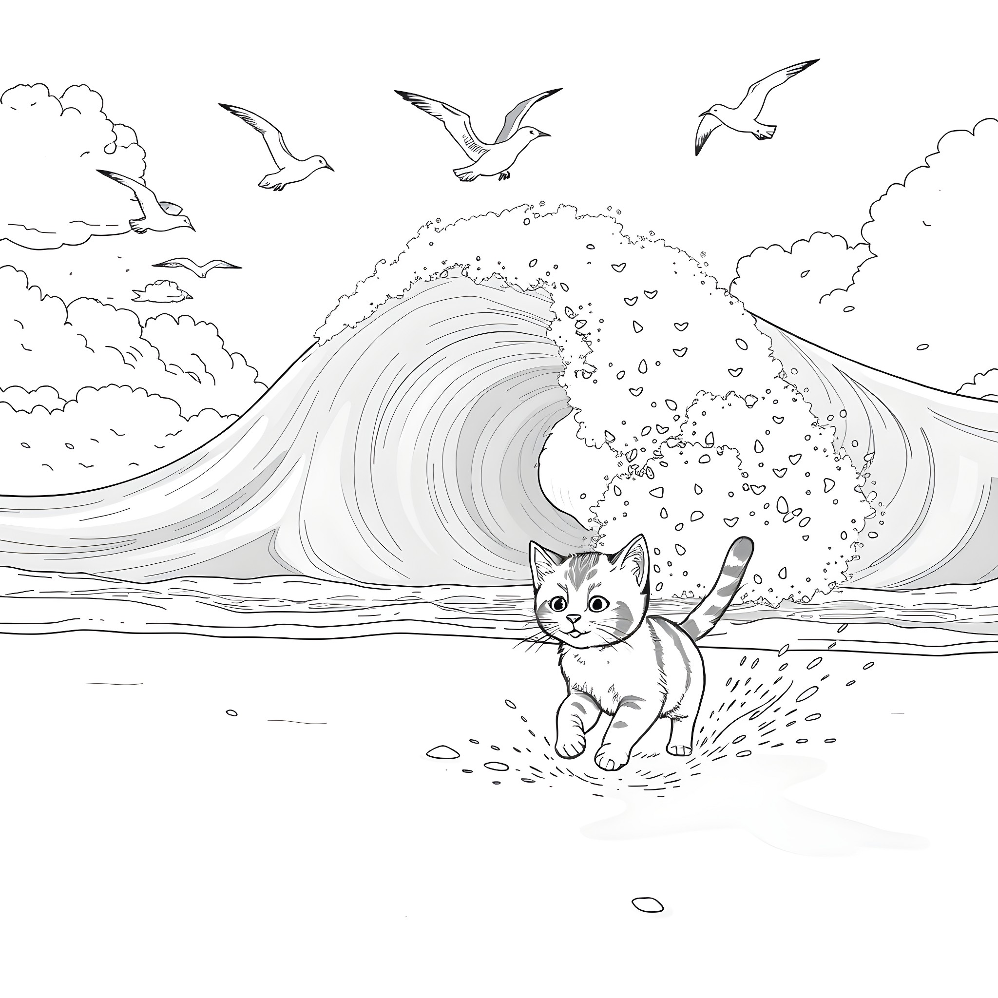 Kitty exploring the ocean waves and seagulls Coloring Page (free black-and-white line drawing printable PDF for all, from beginners to advanced learners, including children, teens, adults, and seniors)
