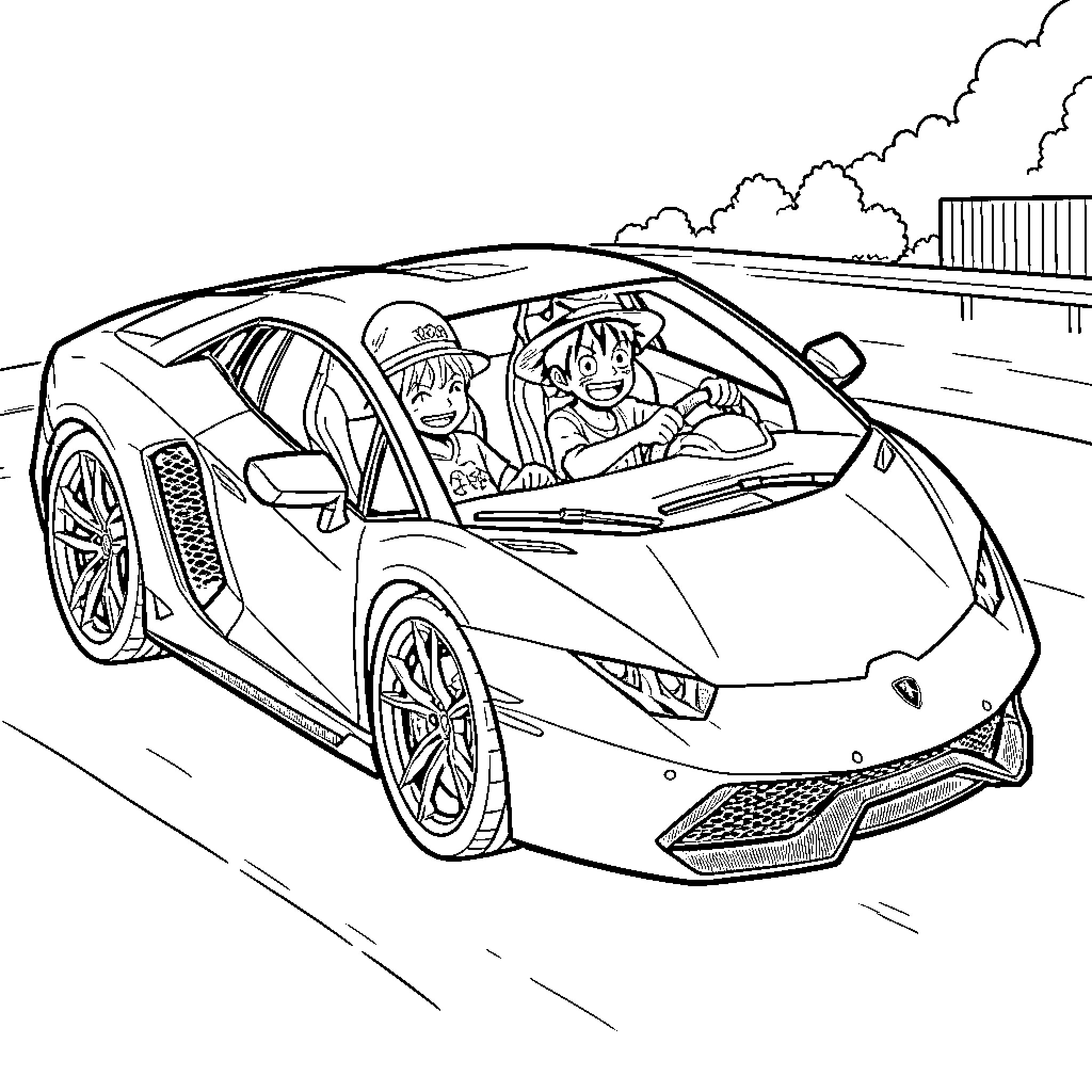 Luffy and a friend driving a sports car Coloring Page (free black-and-white line drawing printable PDF for all, from beginners to advanced learners, including children, teens, adults, and seniors)