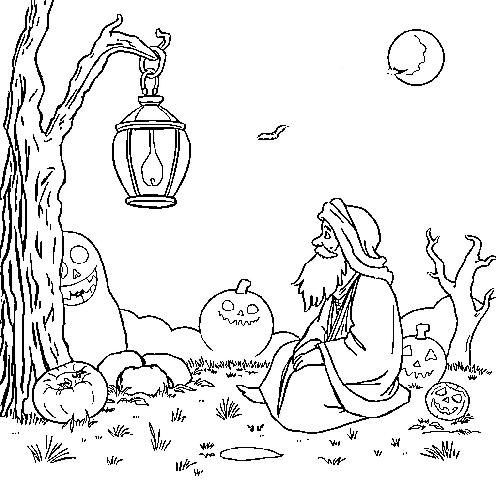 Rumi's Solitary Autumn Reverie Coloring Page (free black-and-white line drawing printable PDF for all, from beginners to advanced learners, including children, teens, adults, and seniors)