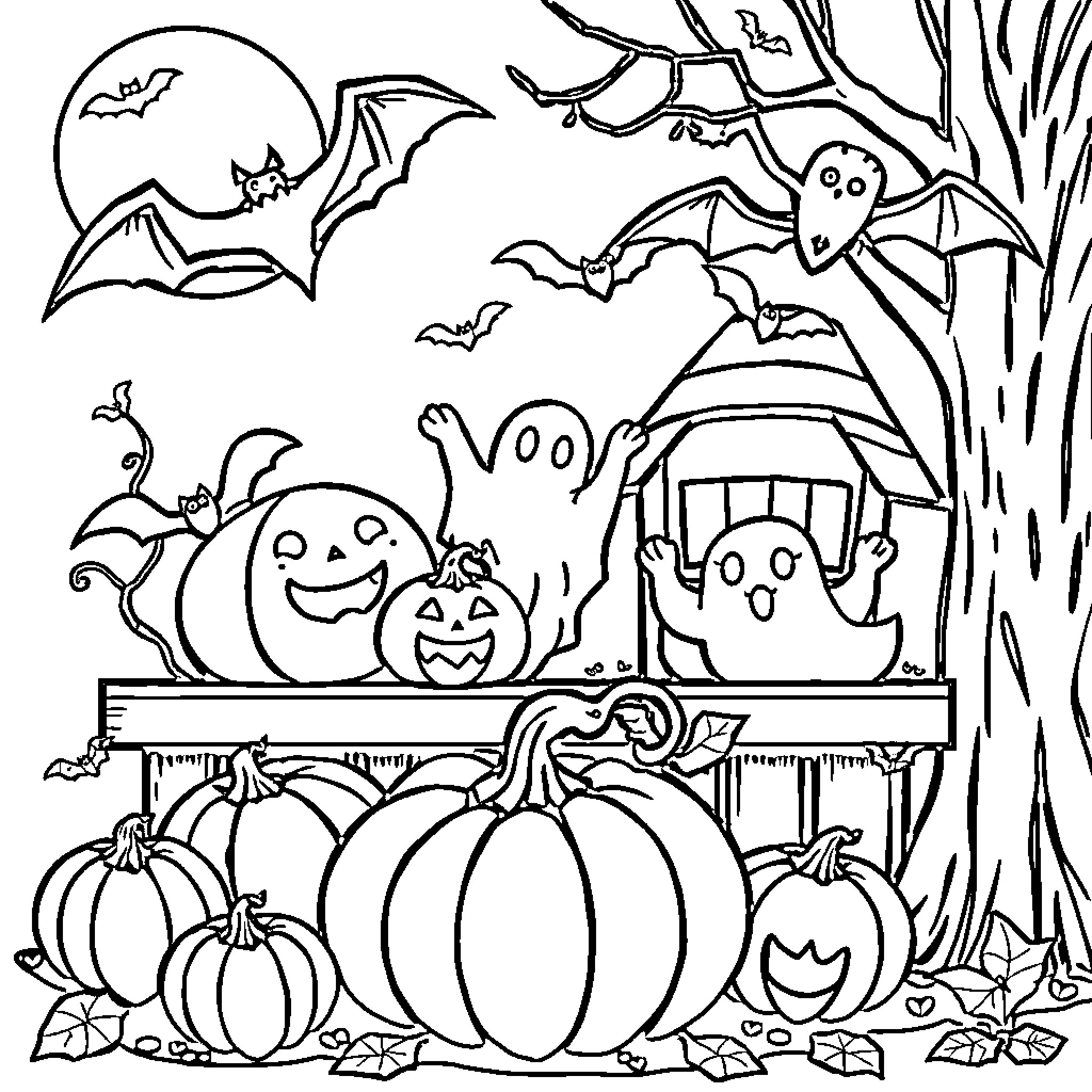 Halloween Party in the Spooky Forest Coloring Page (free black-and-white line drawing printable PDF for all, from beginners to advanced learners, including children, teens, adults, and seniors)