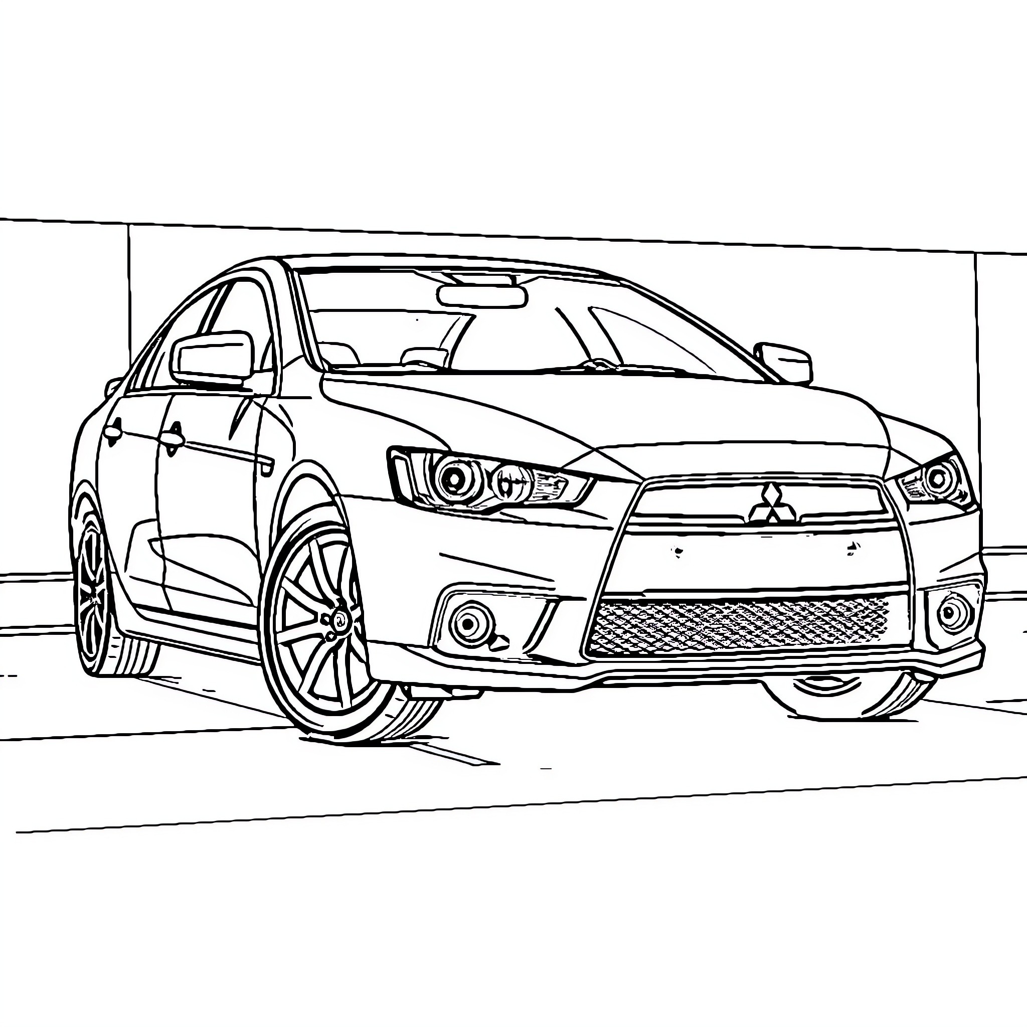 Mitsubishi Galant parked on the street Coloring Page (free black-and-white line drawing printable PDF for all, from beginners to advanced learners, including children, teens, adults, and seniors)