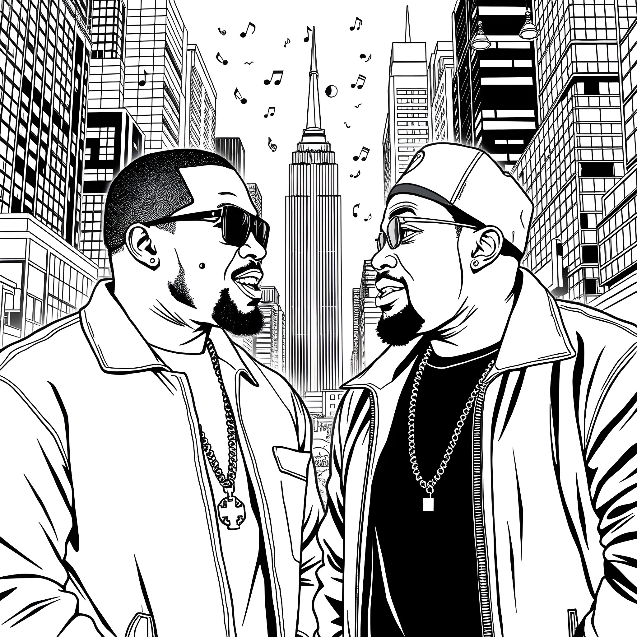 Diddy's Hip-Hop Jammin' in the Big City Coloring Page (free black-and-white line drawing printable PDF for all, from beginners to advanced learners, including children, teens, adults, and seniors)