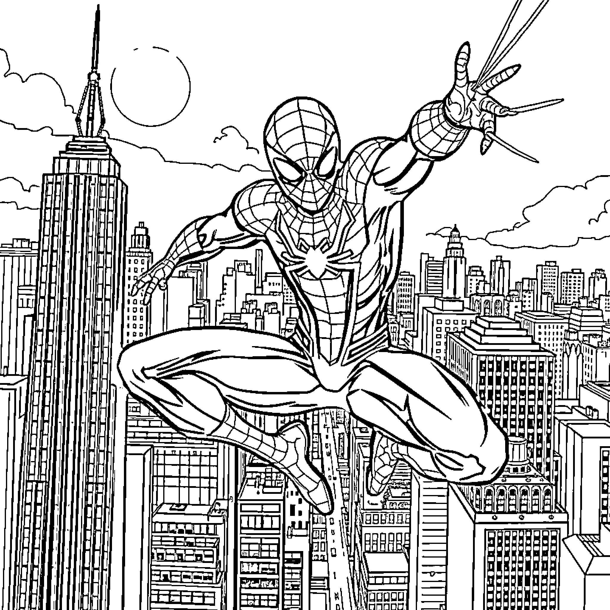 Spinderman swinging through the city skyline Coloring Page (free black-and-white line drawing printable PDF for all, from beginners to advanced learners, including children, teens, adults, and seniors)
