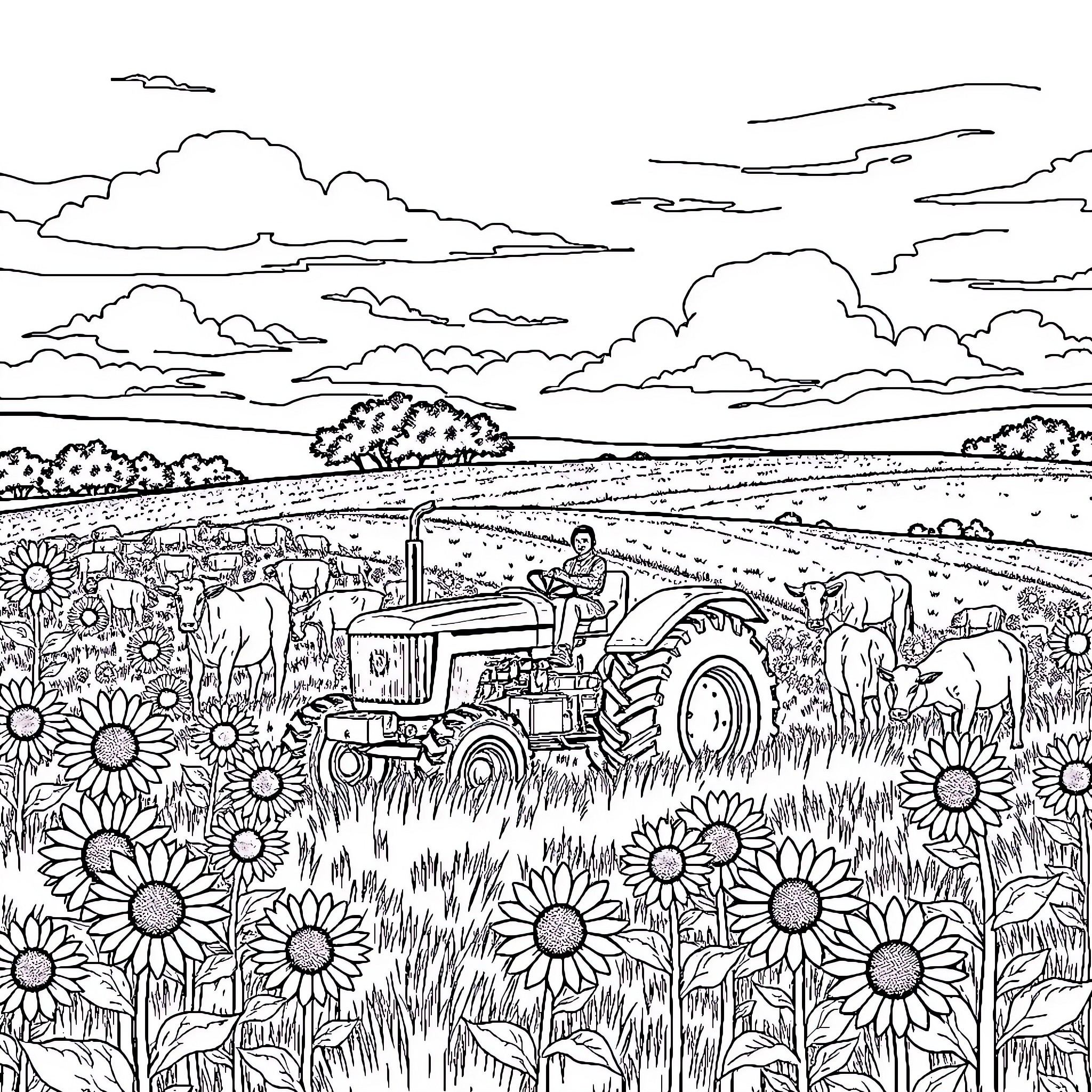 Sunflower field with farmer driving tractor Coloring Page (free black-and-white line drawing printable PDF for all, from beginners to advanced learners, including children, teens, adults, and seniors)