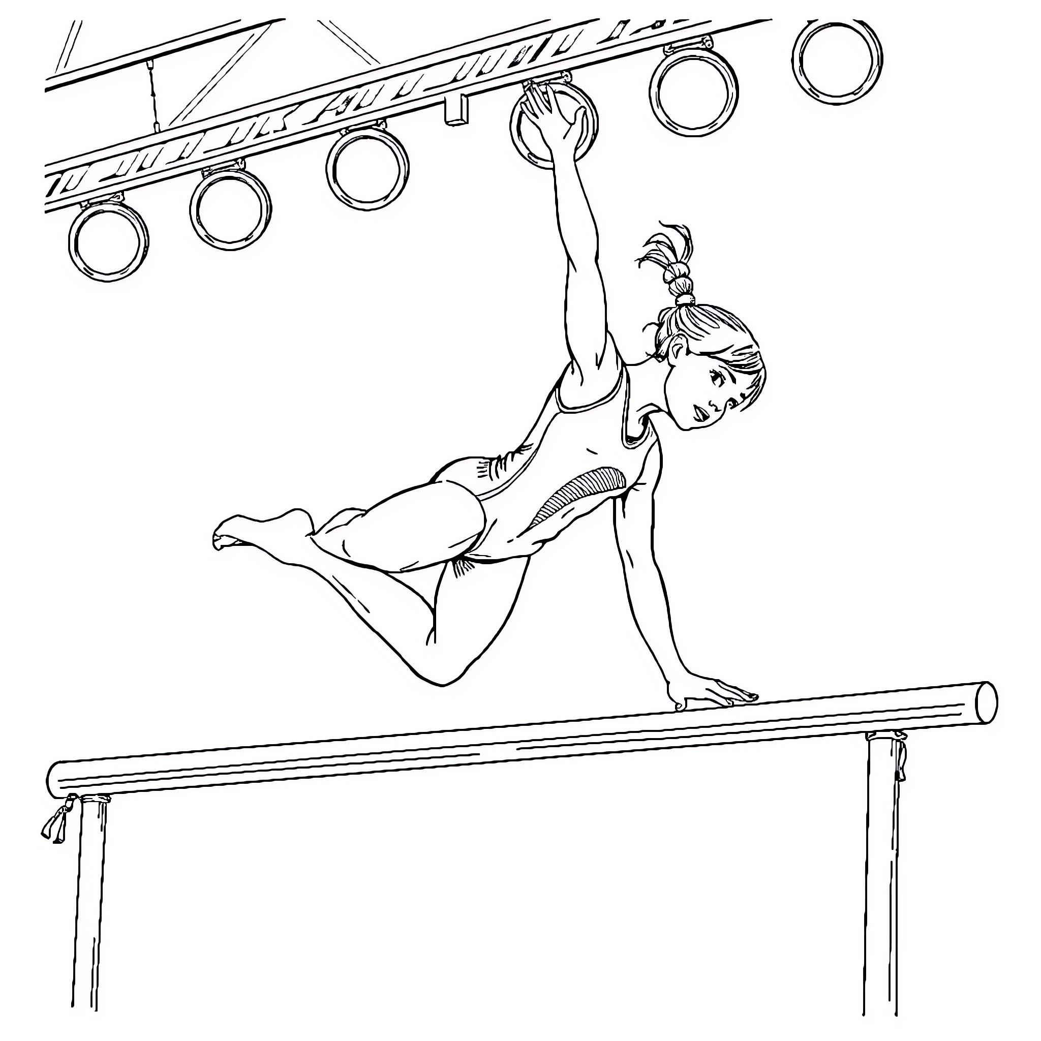 Gymnast performing artistic maneuver on uneven bars Coloring Page (free black-and-white line drawing printable PDF for all, from beginners to advanced learners, including children, teens, adults, and seniors)