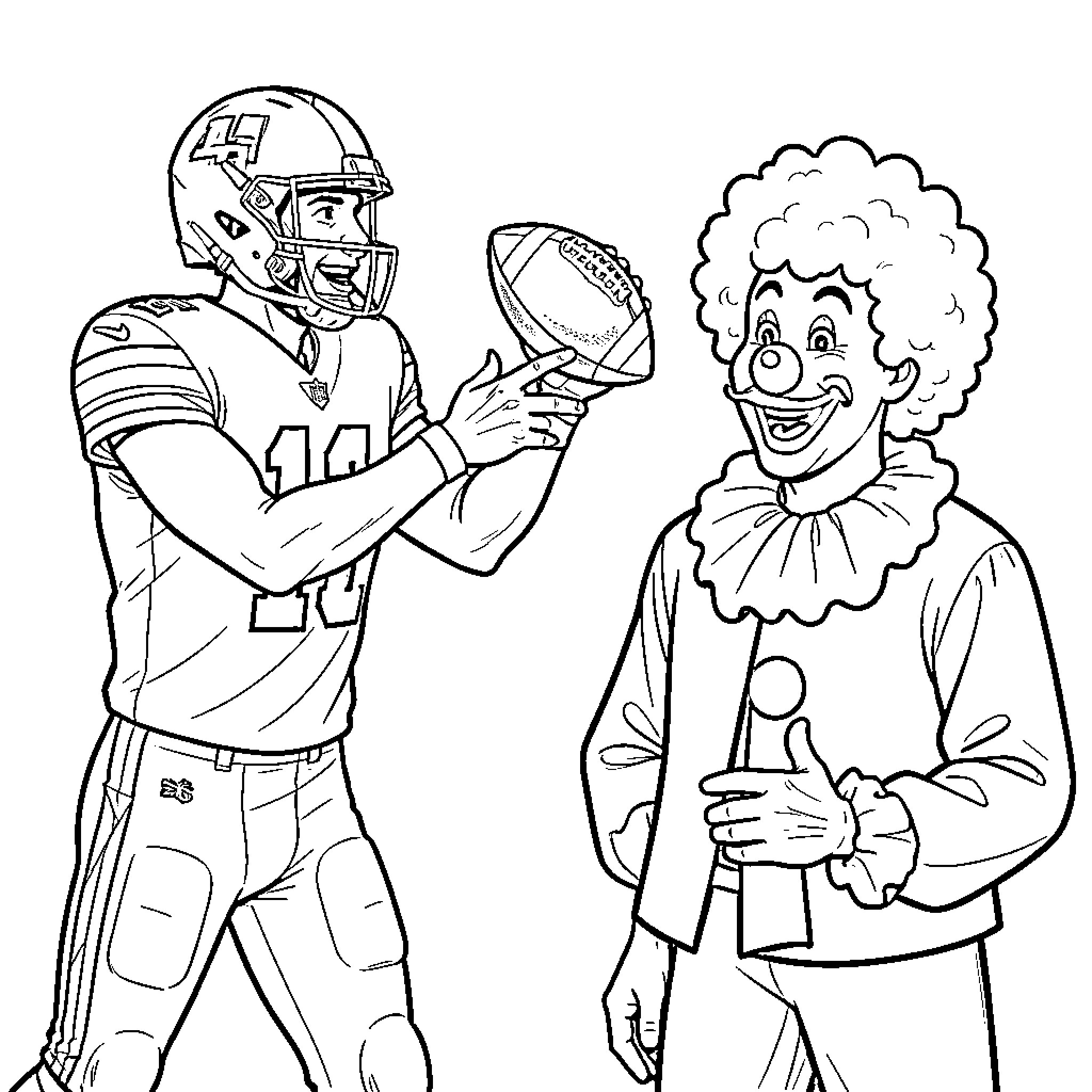 Football players in action with clown Coloring Page (free black-and-white line drawing printable PDF for all, from beginners to advanced learners, including children, teens, adults, and seniors)