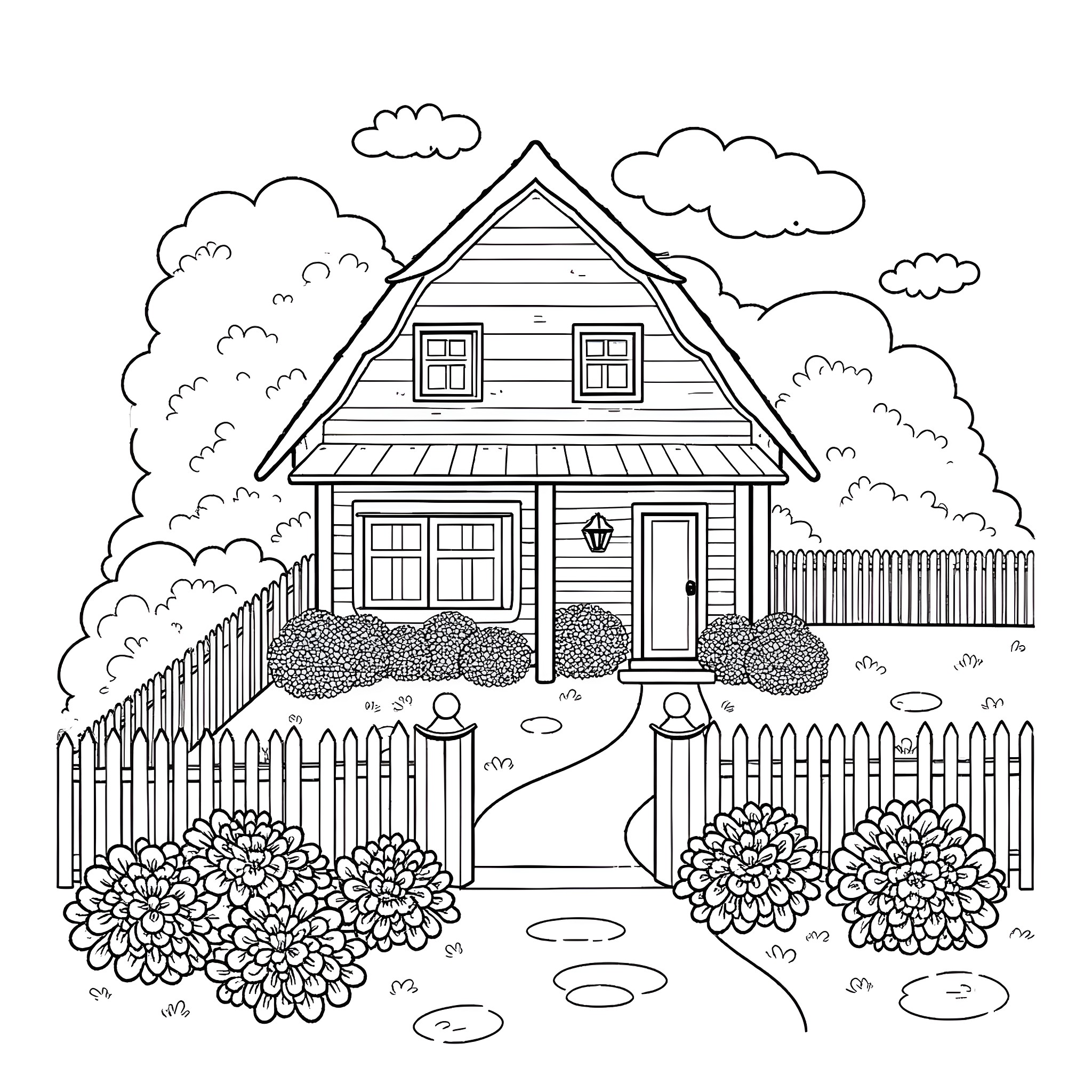 House with flowers and bushes in the yard Coloring Page (free black-and-white line drawing printable PDF for all, from beginners to advanced learners, including children, teens, adults, and seniors)