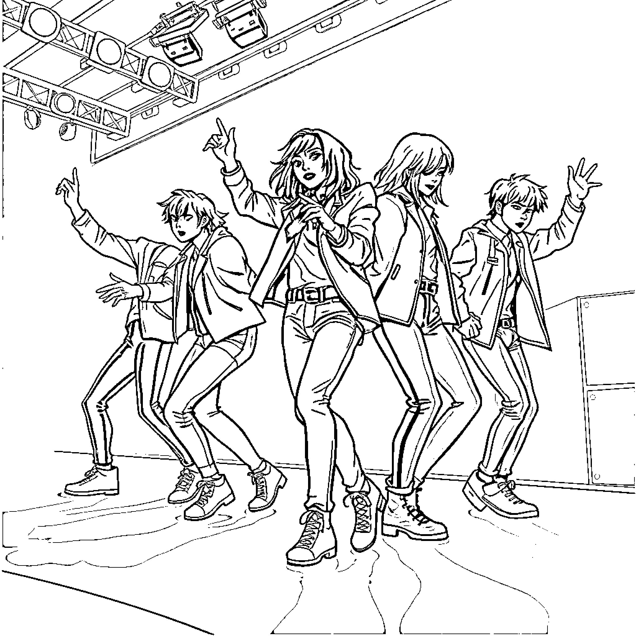 K Pop Group Performers on Stage Coloring Page (free black-and-white line drawing printable PDF for all, from beginners to advanced learners, including children, teens, adults, and seniors)