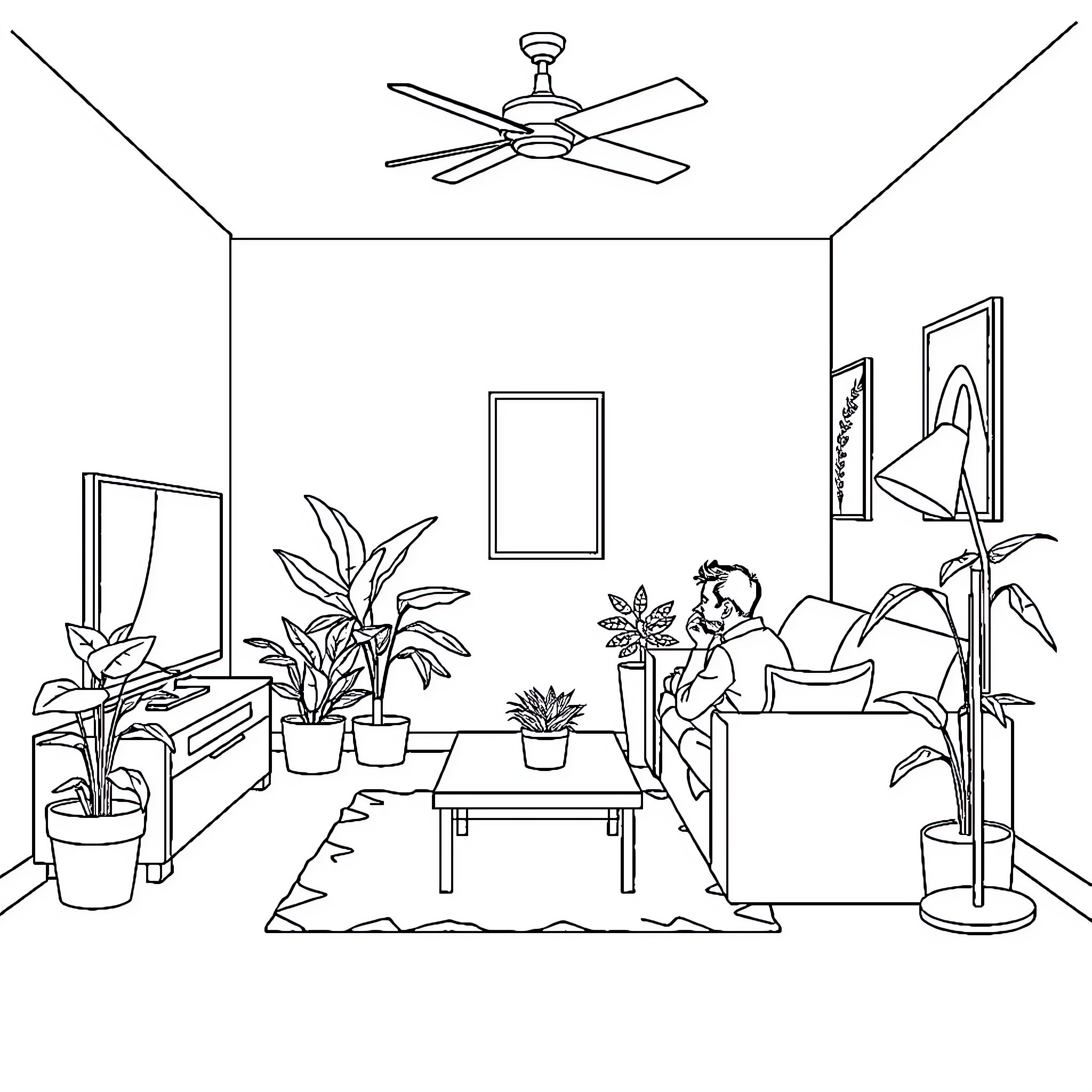 Living Room with Relaxing Person Coloring Page (free black-and-white line drawing printable PDF for all, from beginners to advanced learners, including children, teens, adults, and seniors)