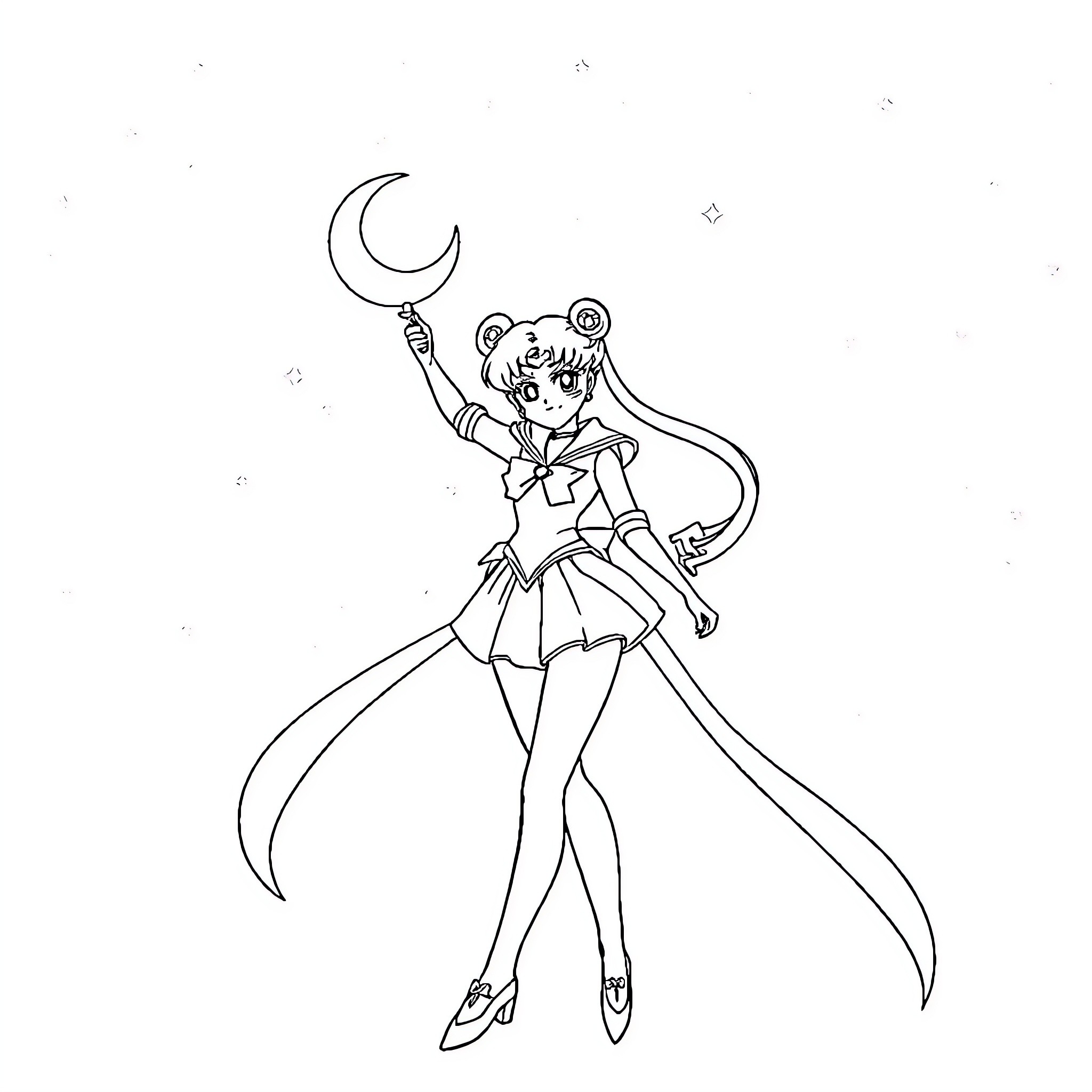 Sailor Moon transforming with a magical staff Coloring Page (free black-and-white line drawing printable PDF for all, from beginners to advanced learners, including children, teens, adults, and seniors)