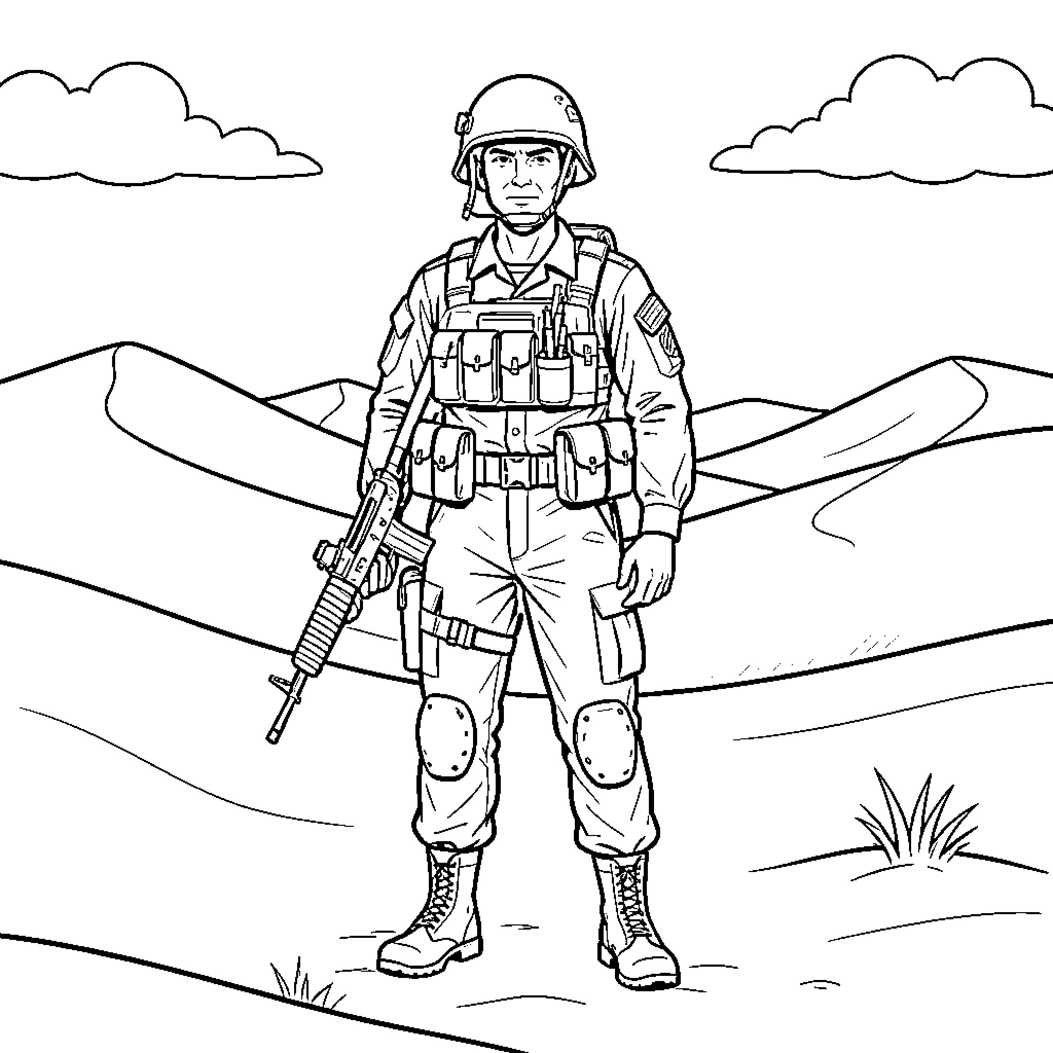 Soldier standing guard in a desert landscape Coloring Page (free black-and-white line drawing printable PDF for all, from beginners to advanced learners, including children, teens, adults, and seniors)