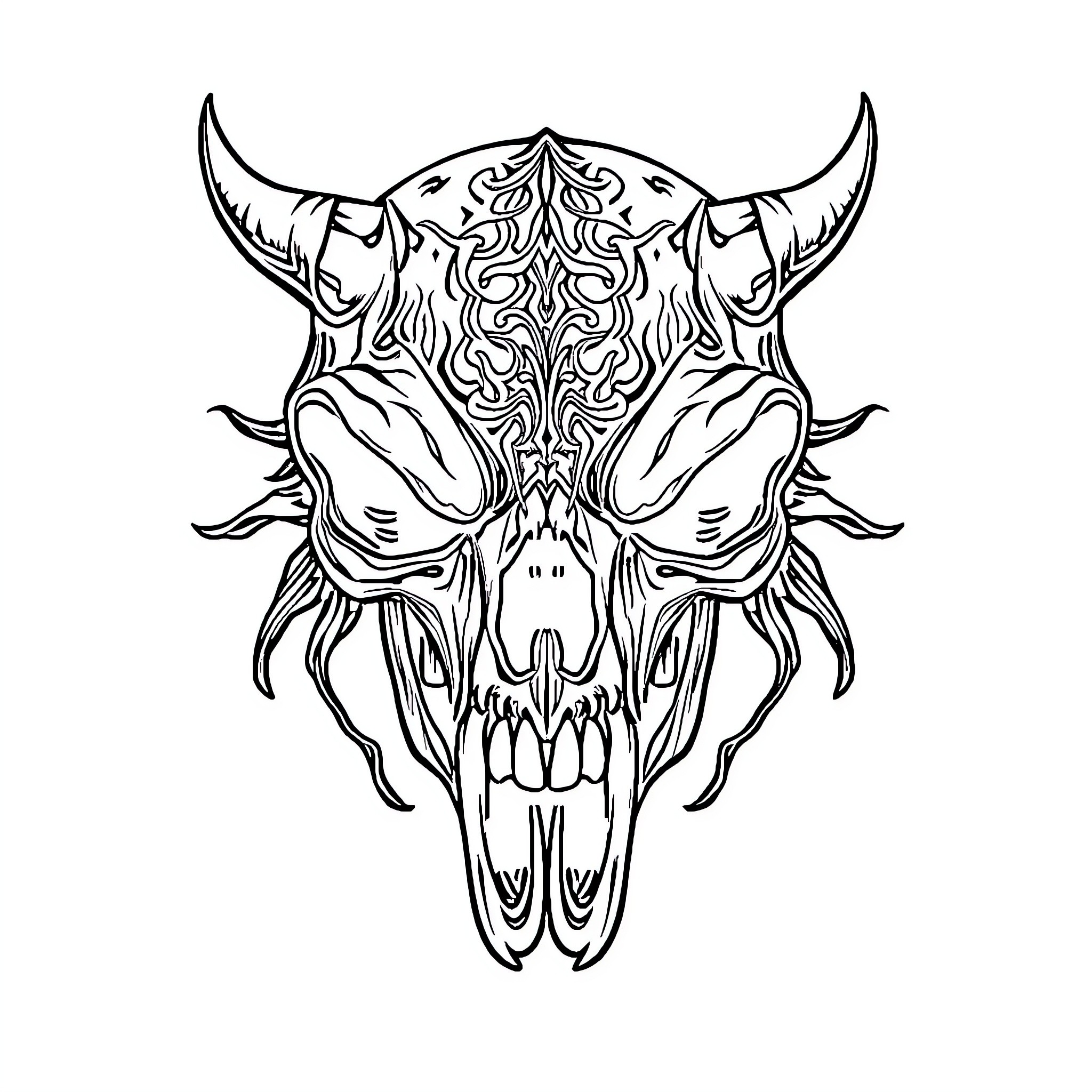 Animal Skull with Intricate Patterns Coloring Page (free black-and-white line drawing printable PDF for all, from beginners to advanced learners, including children, teens, adults, and seniors)