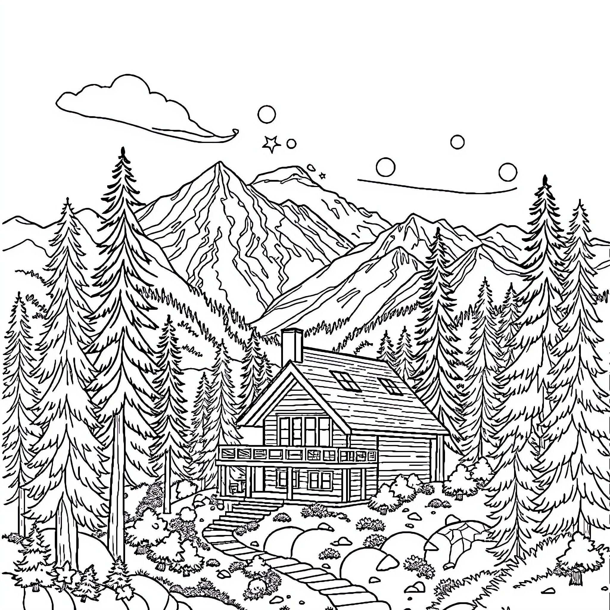 House in the Serene Mountain Landscape Coloring Page (free black-and-white line drawing printable PDF for all, from beginners to advanced learners, including children, teens, adults, and seniors)