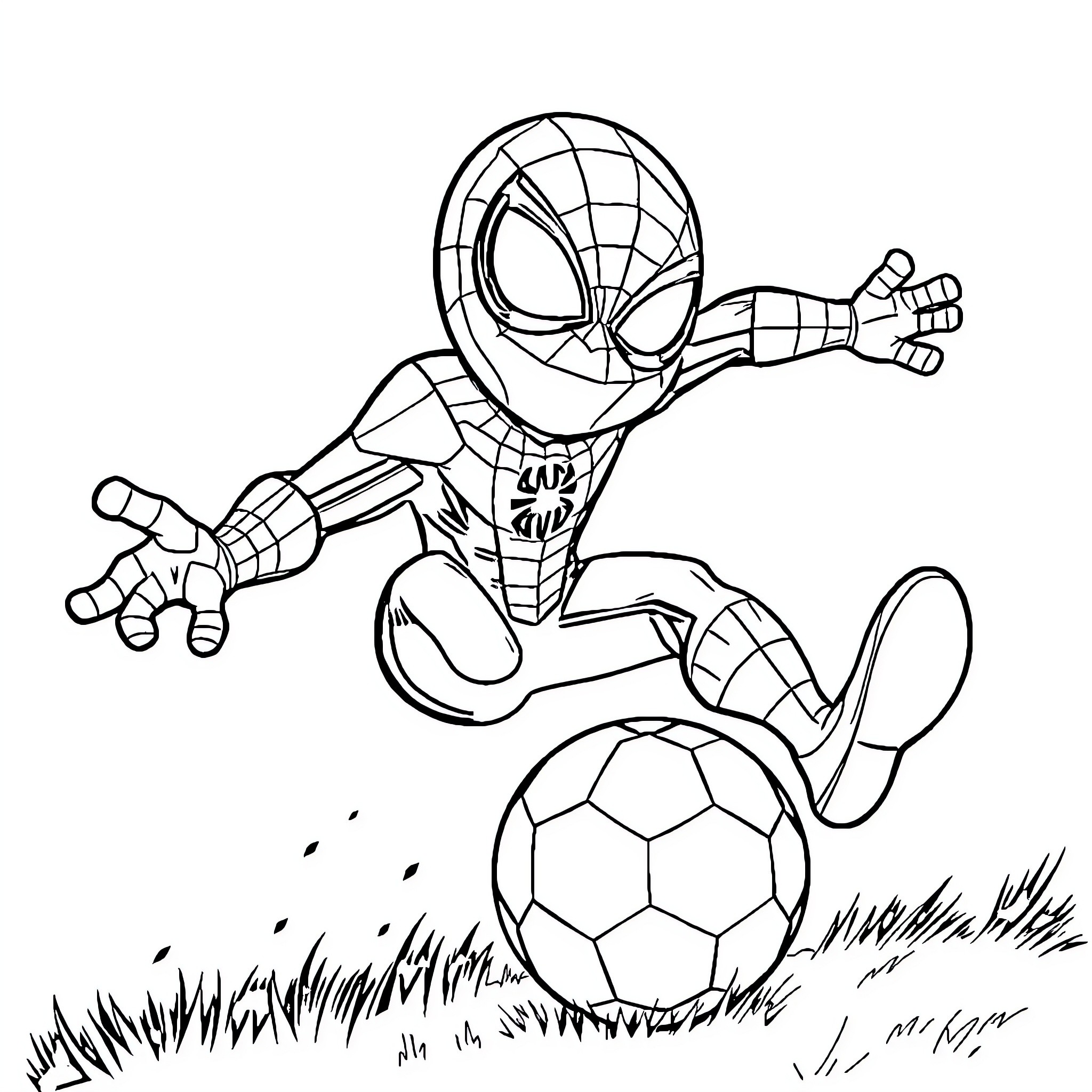 Spider-Man playing with soccer ball on the field Coloring Page (free black-and-white line drawing printable PDF for all, from beginners to advanced learners, including children, teens, adults, and seniors)