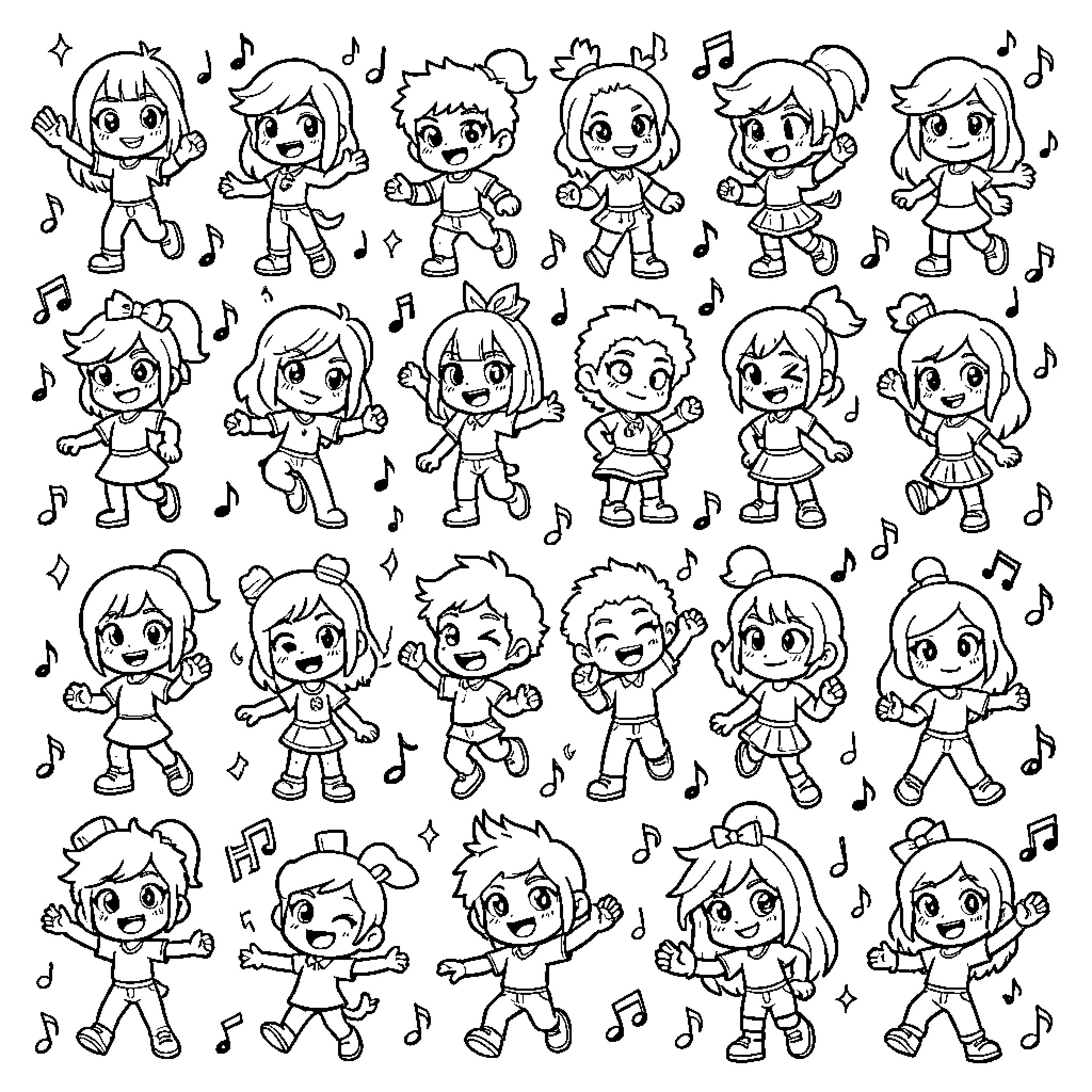 FNF Characters Dancing to Musical Notes Coloring Page (free black-and-white line drawing printable PDF for all, from beginners to advanced learners, including children, teens, adults, and seniors)
