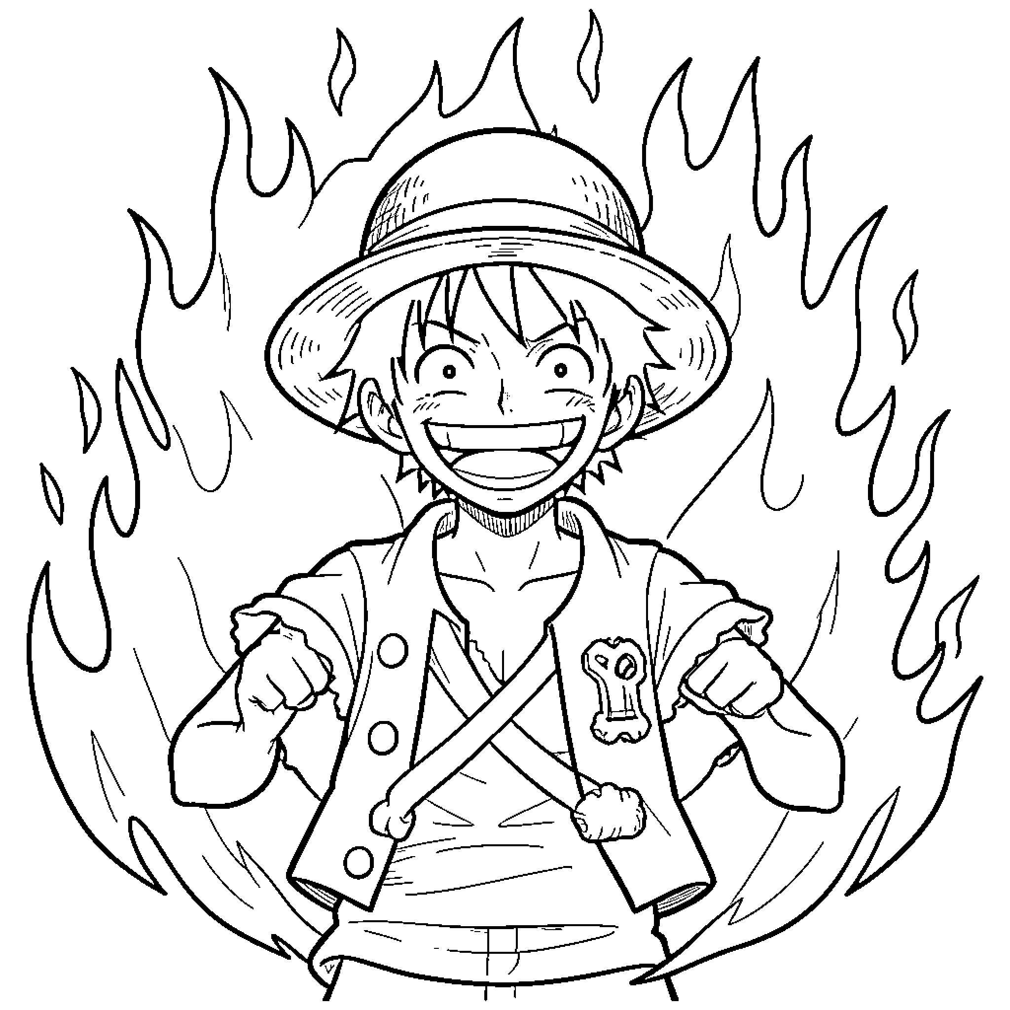 Luffy's Adventurous Spirit and Fiery Determination Coloring Page (free black-and-white line drawing printable PDF for all, from beginners to advanced learners, including children, teens, adults, and seniors)