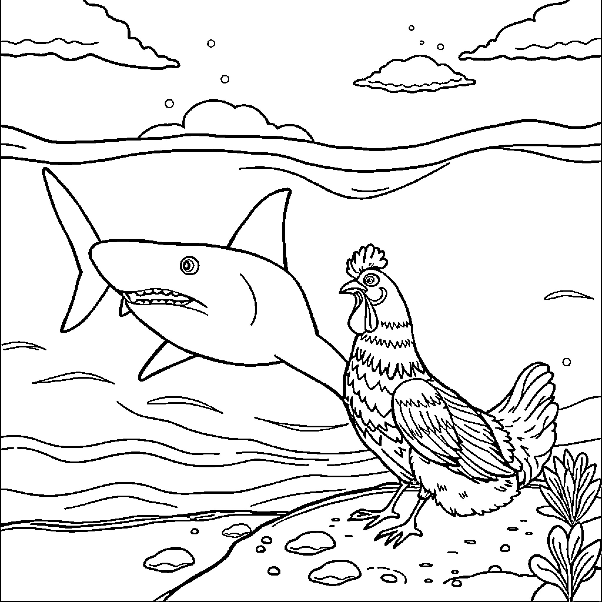 Shark chasing a rooster near the shore Coloring Page (free black-and-white line drawing printable PDF for all, from beginners to advanced learners, including children, teens, adults, and seniors)