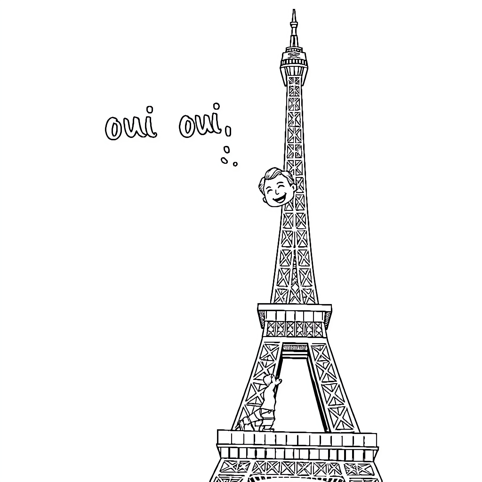 Eiffel Tower with Playful Figure Coloring Page (free black-and-white line drawing printable PDF for all, from beginners to advanced learners, including children, teens, adults, and seniors)