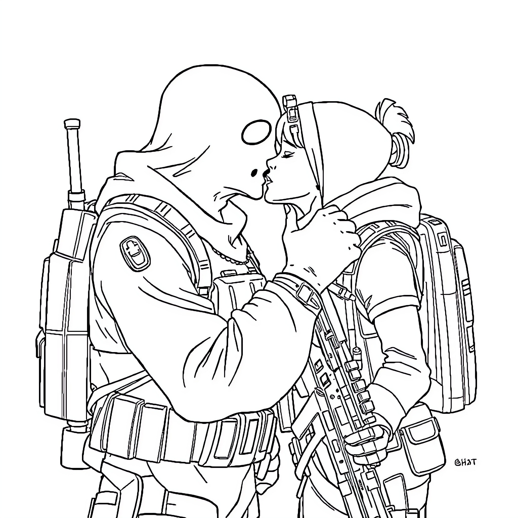 Ghost warrior gearing up for battle Coloring Page (free black-and-white line drawing printable PDF for all, from beginners to advanced learners, including children, teens, adults, and seniors)