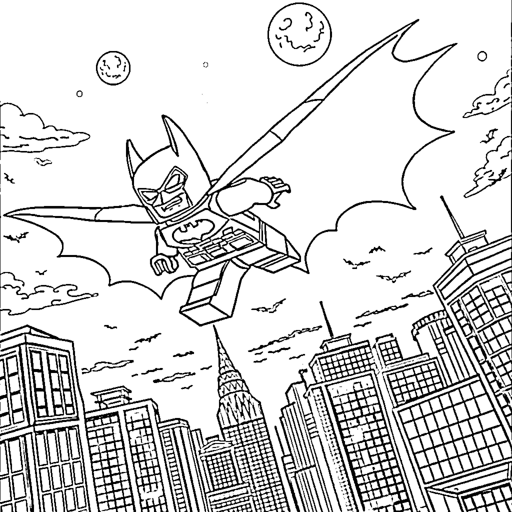 Lego Batman soaring over Gotham City Coloring Page (free black-and-white line drawing printable PDF for all, from beginners to advanced learners, including children, teens, adults, and seniors)