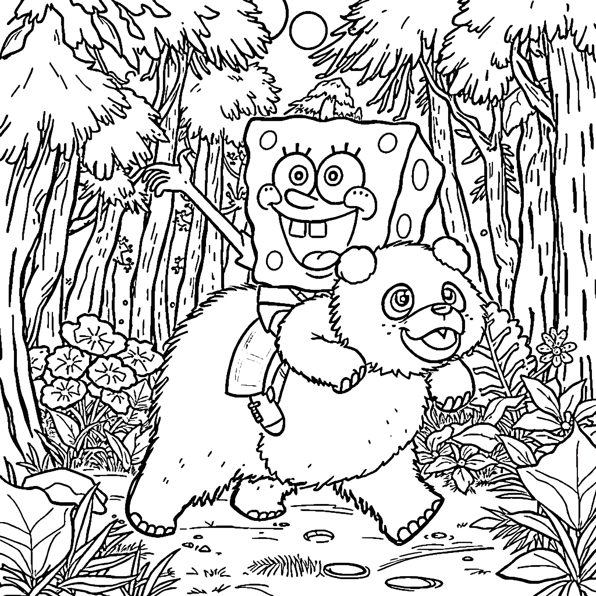 Spongebob and friends in a magical forest adventure Coloring Page (free black-and-white line drawing printable PDF for all, from beginners to advanced learners, including children, teens, adults, and seniors)