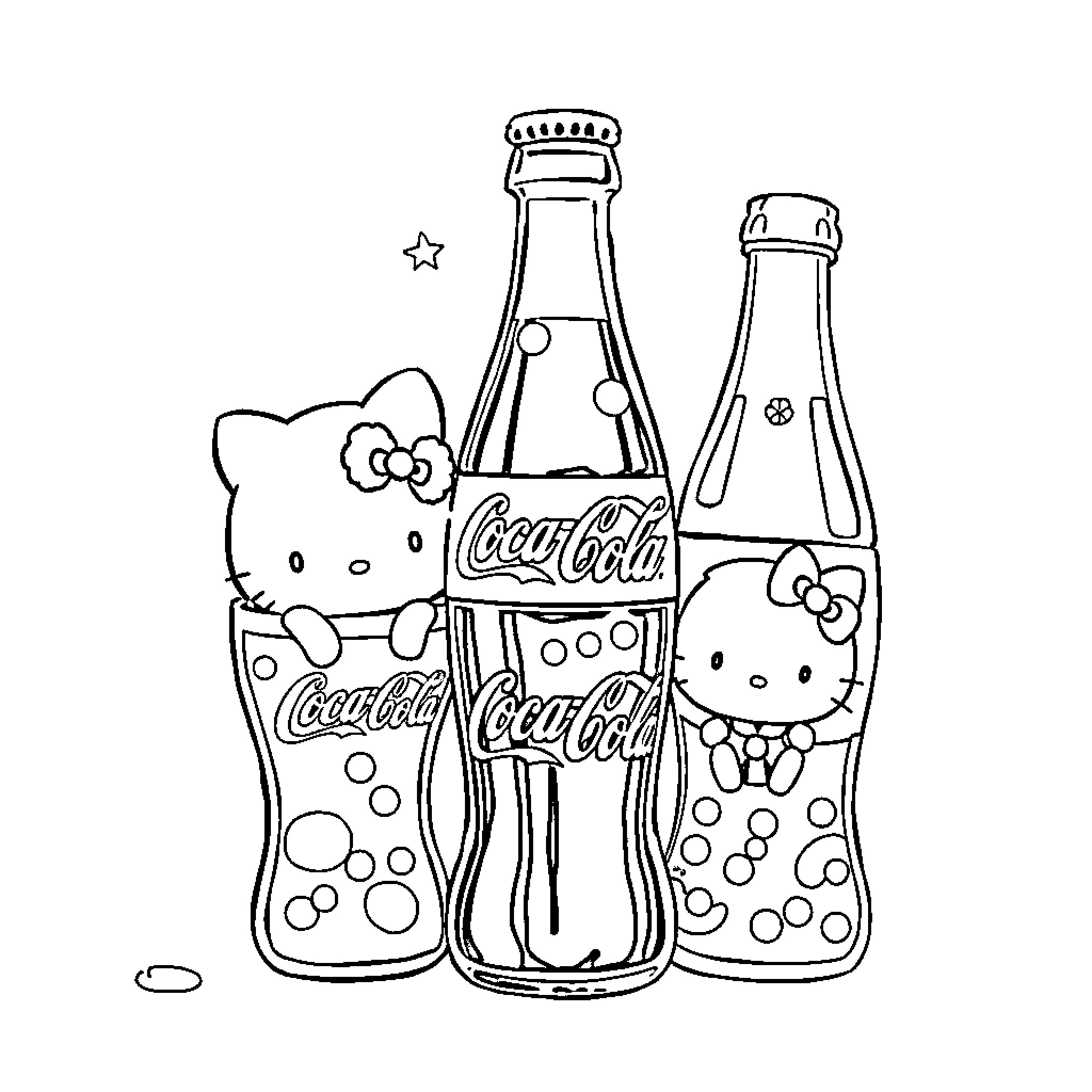 Sanrio Characters Enjoying Coca-Cola Coloring Page (free black-and-white line drawing printable PDF for all, from beginners to advanced learners, including children, teens, adults, and seniors)