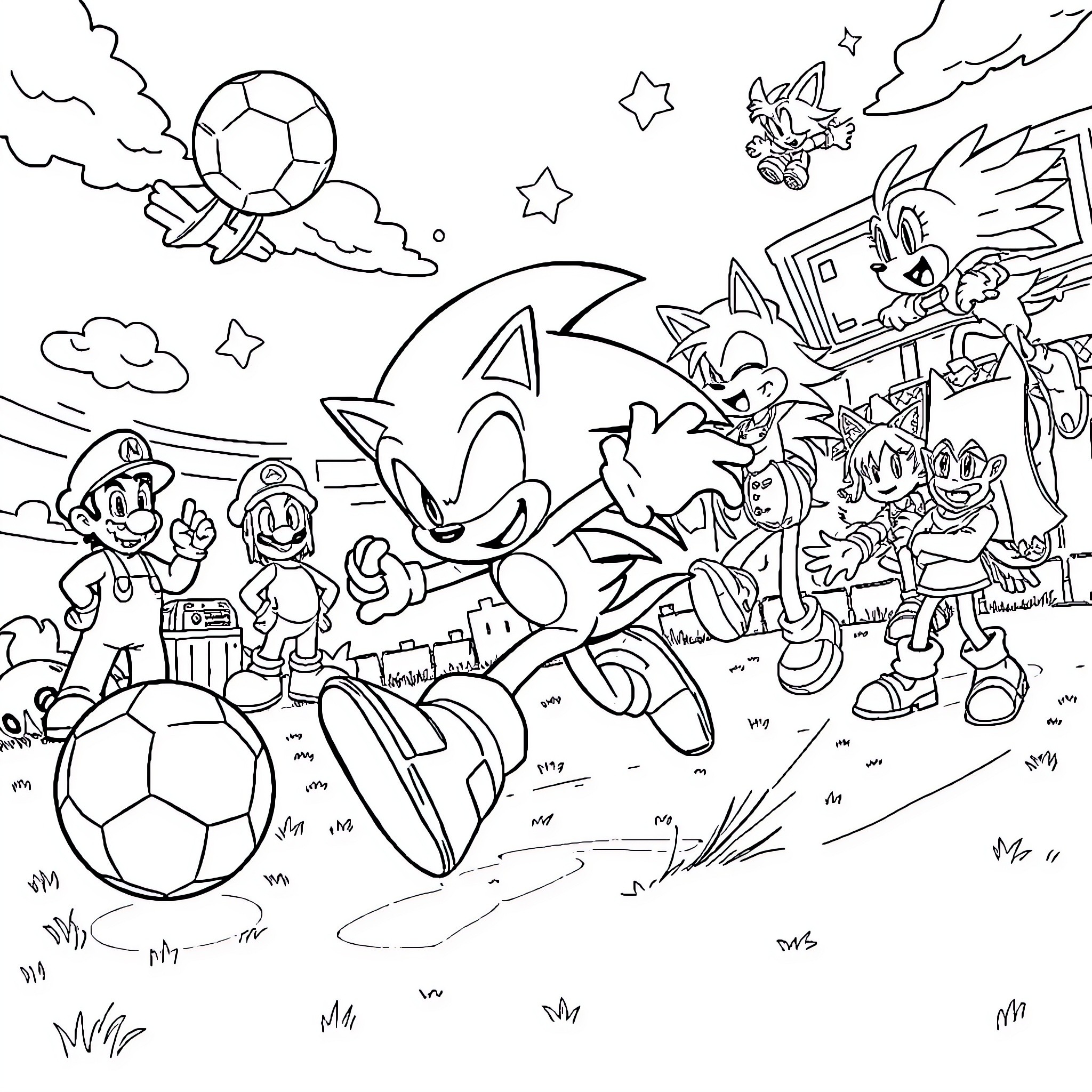 Sonic's Exciting Soccer Adventure with Friends Coloring Page (free black-and-white line drawing printable PDF for all, from beginners to advanced learners, including children, teens, adults, and seniors)