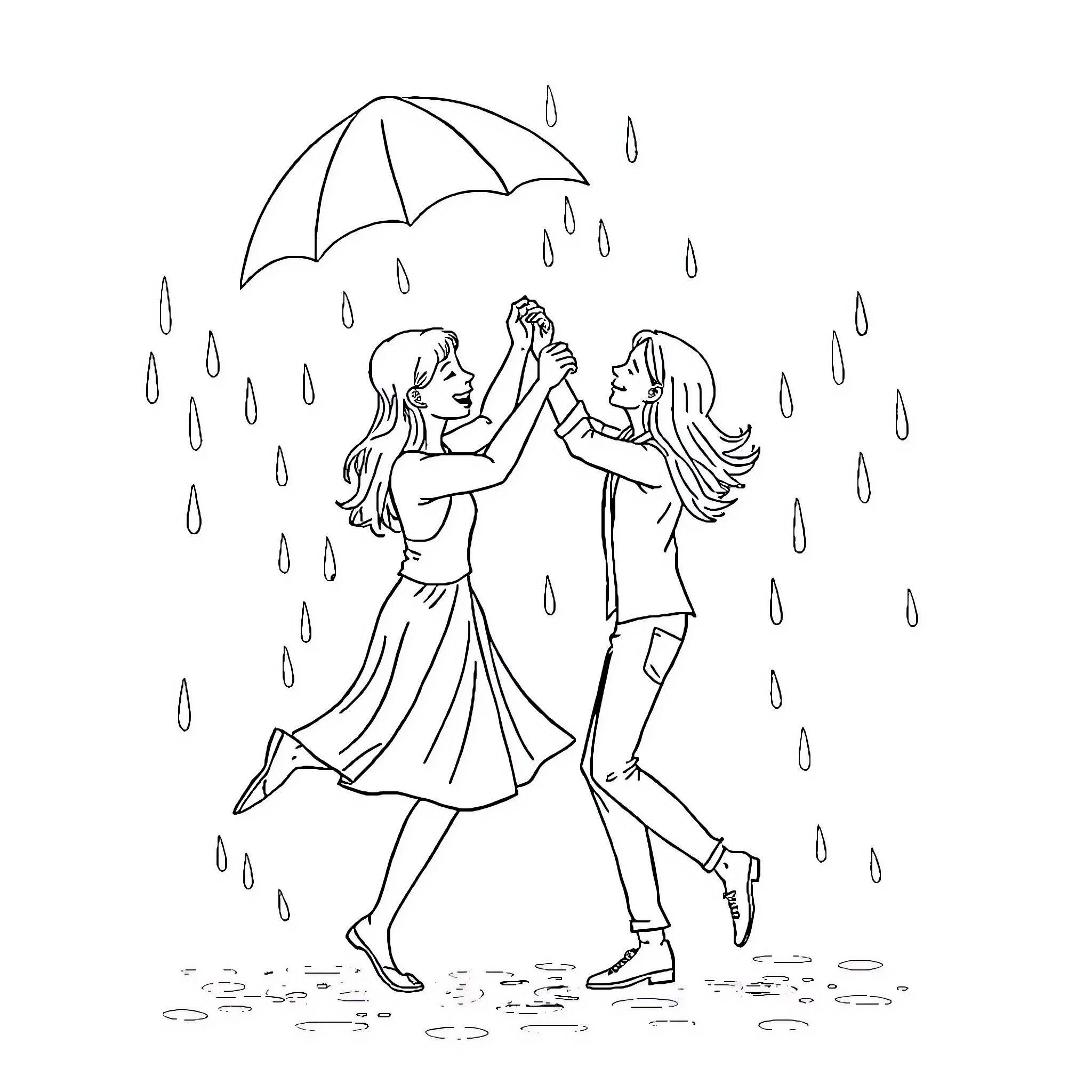 Couple dancing in the rain under umbrella Coloring Page (free black-and-white line drawing printable PDF for all, from beginners to advanced learners, including children, teens, adults, and seniors)