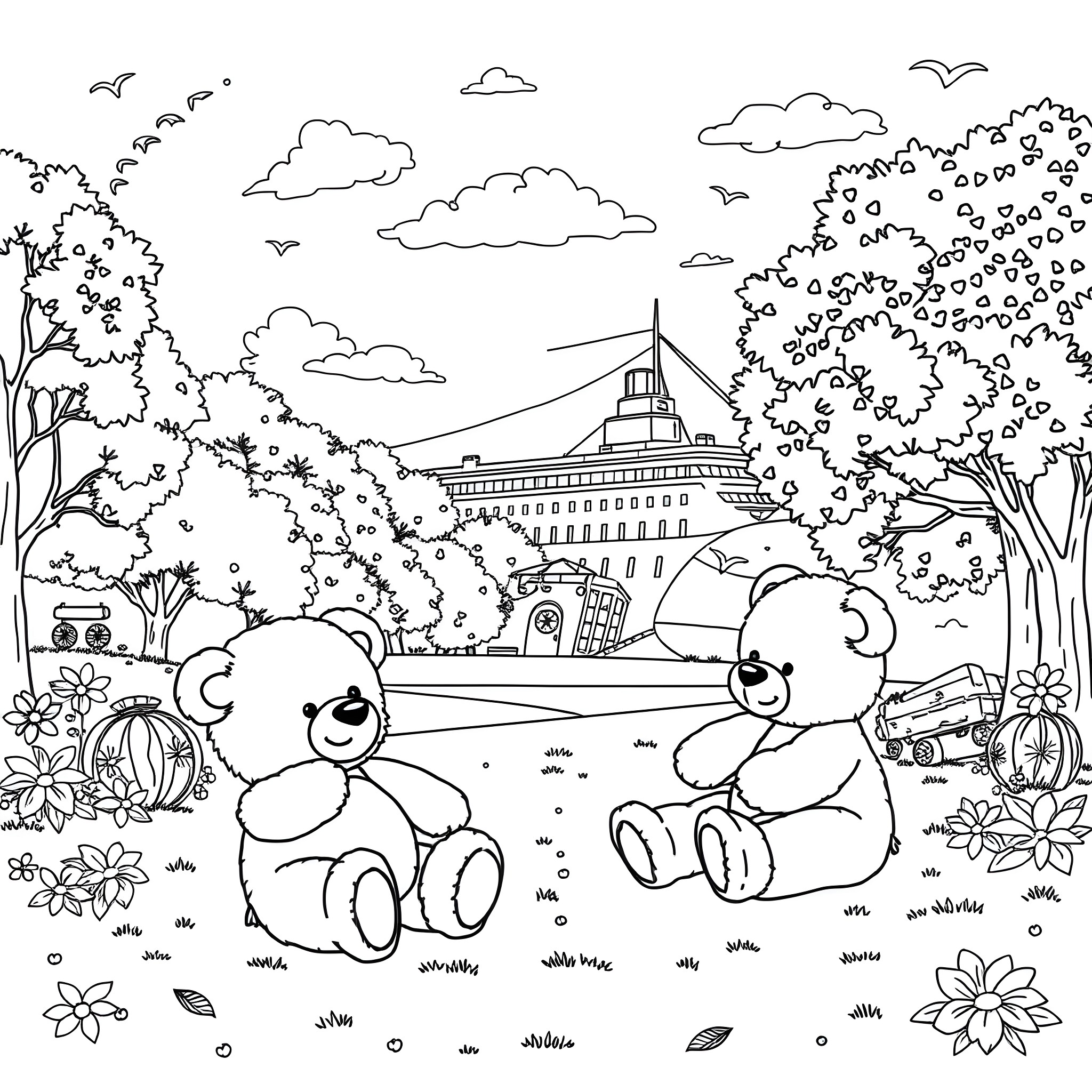 Teddy Bears Enjoying a Day in the Park Coloring Page (free black-and-white line drawing printable PDF for all, from beginners to advanced learners, including children, teens, adults, and seniors)