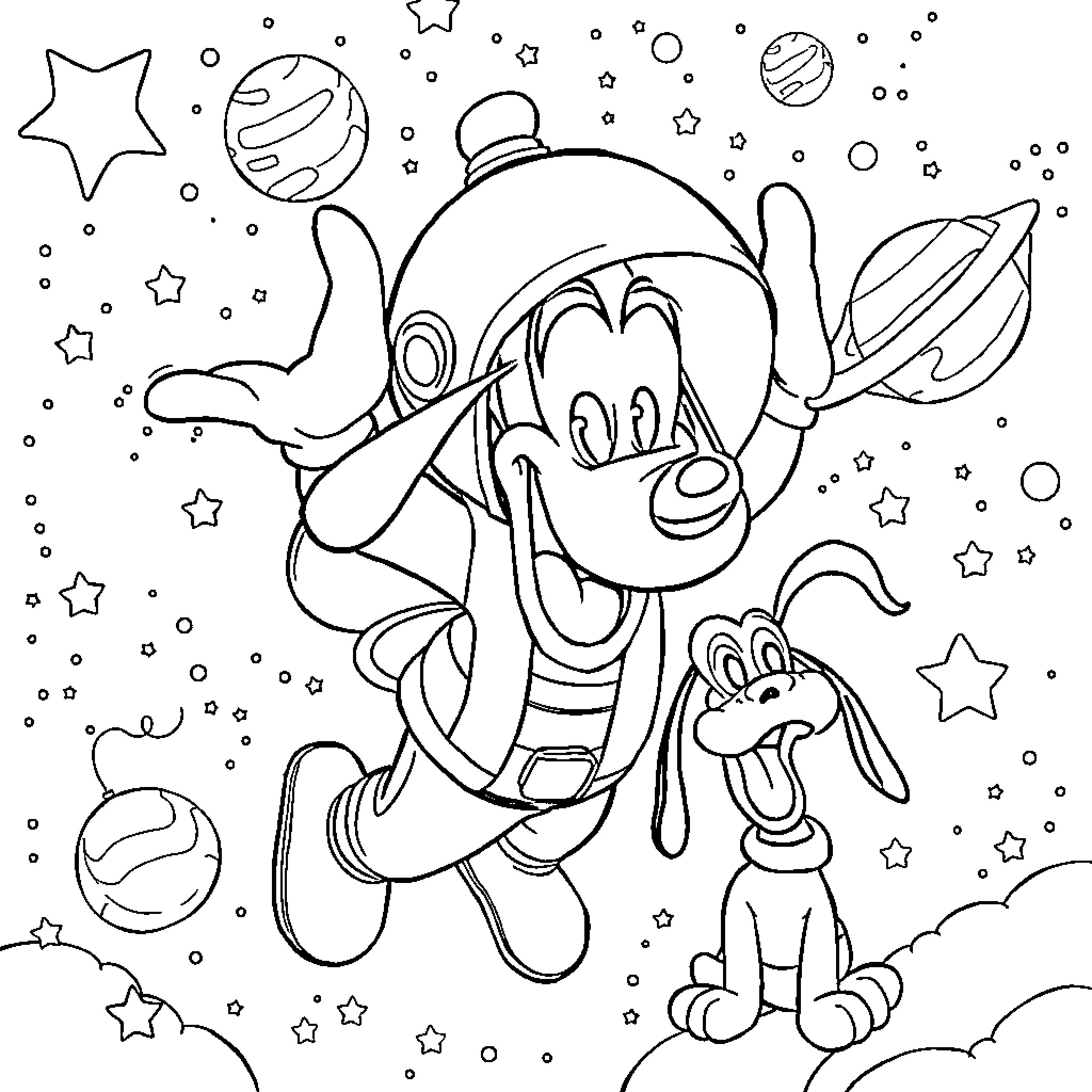 Goofy character explores space with planets and stars Coloring Page (free black-and-white line drawing printable PDF for all, from beginners to advanced learners, including children, teens, adults, and seniors)