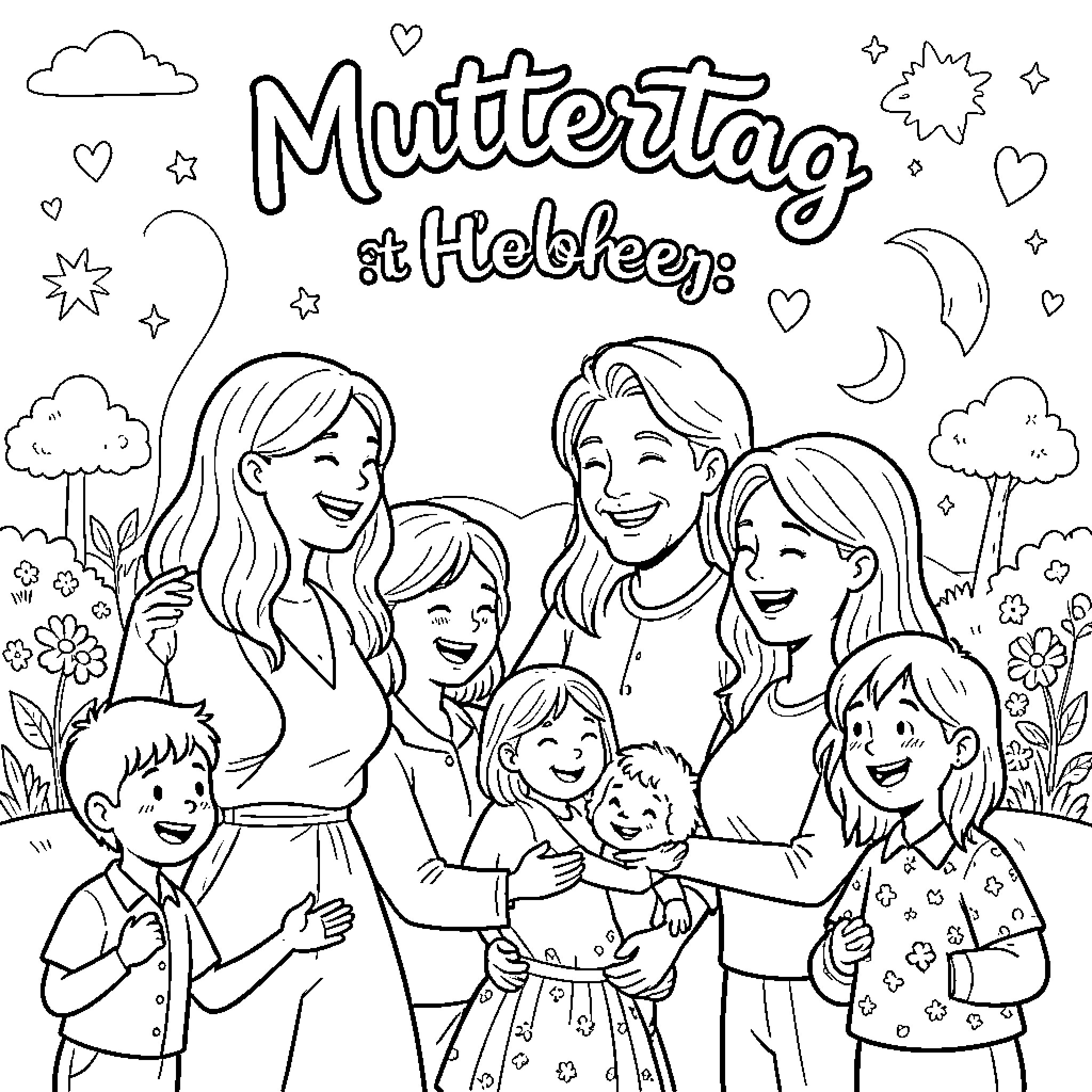 Mother's Day with the family Coloring Page (free black-and-white line drawing printable PDF for all, from beginners to advanced learners, including children, teens, adults, and seniors)