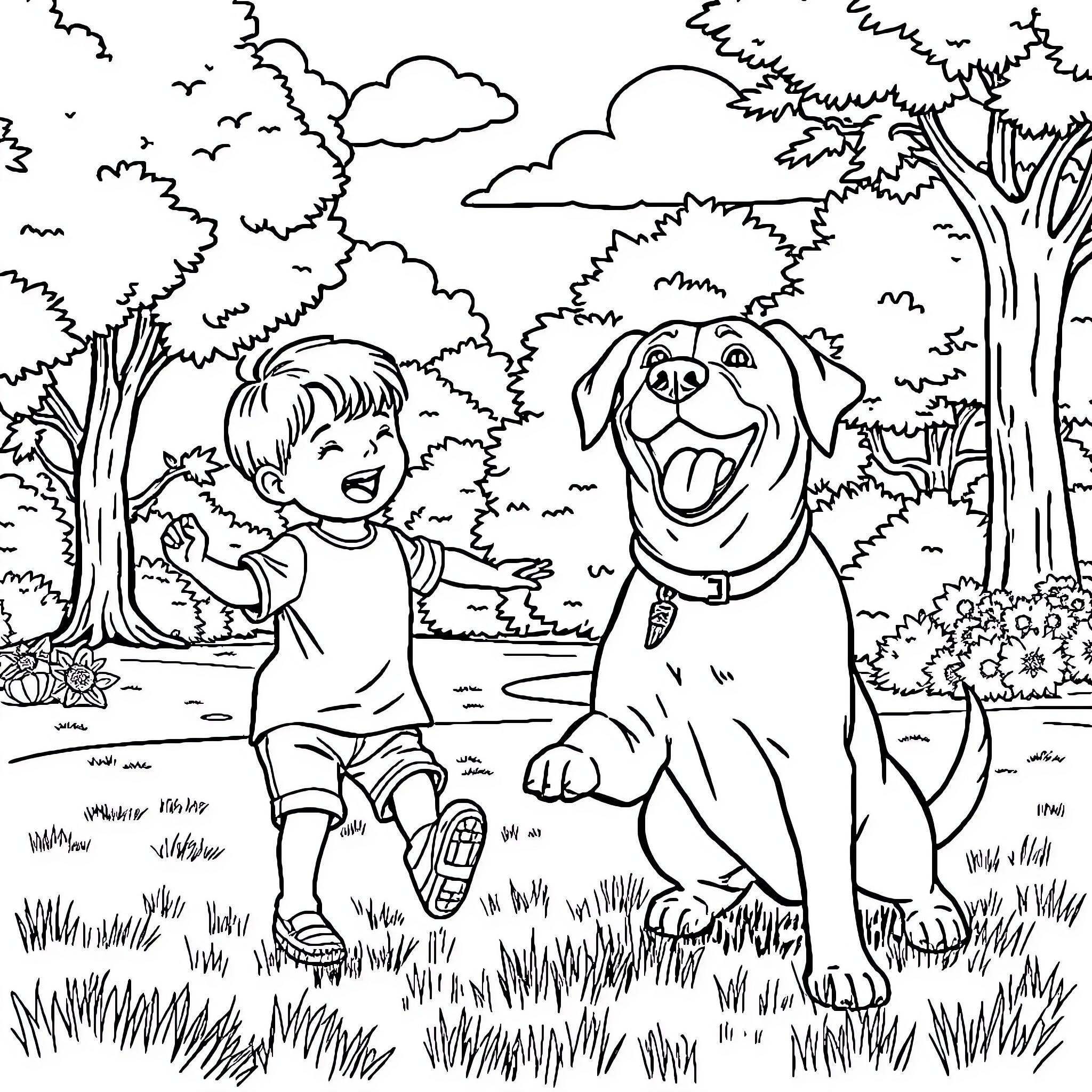 Labrador enjoying outdoor adventure with young child Coloring Page (free black-and-white line drawing printable PDF for all, from beginners to advanced learners, including children, teens, adults, and seniors)