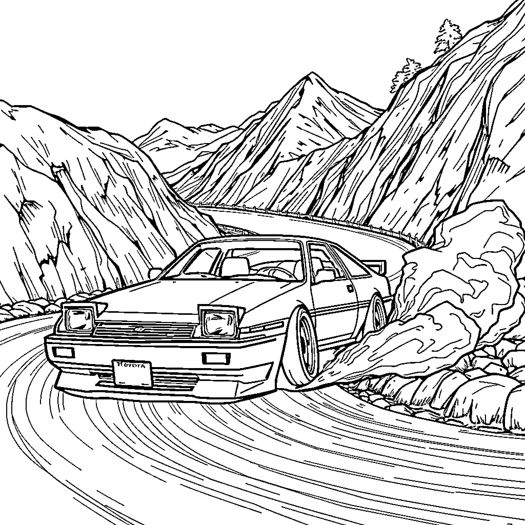 Toyota AE86 drifting on mountain road Coloring Page (free black-and-white line drawing printable PDF for all, from beginners to advanced learners, including children, teens, adults, and seniors)