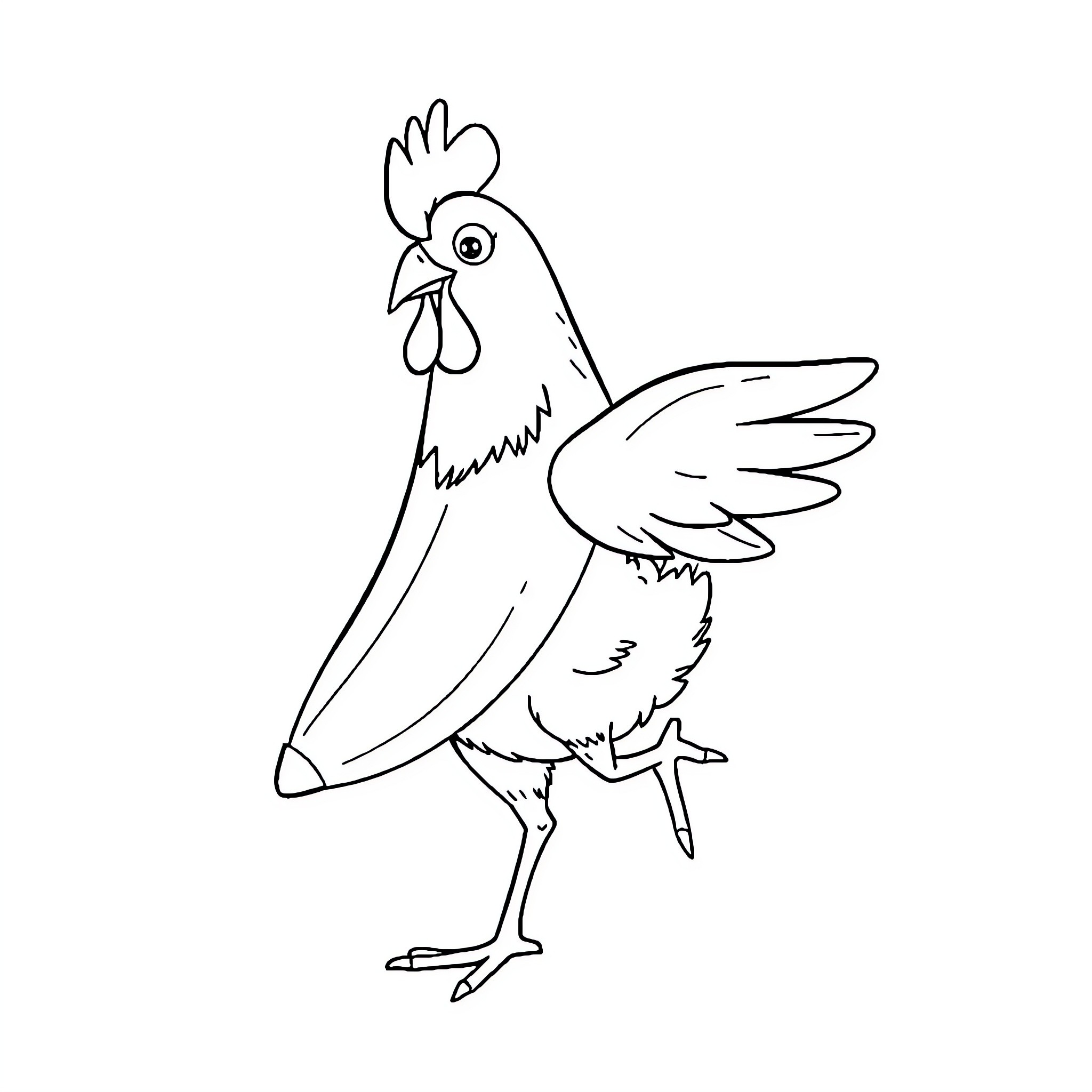 Chicken standing and looking around Coloring Page (free black-and-white line drawing printable PDF for all, from beginners to advanced learners, including children, teens, adults, and seniors)