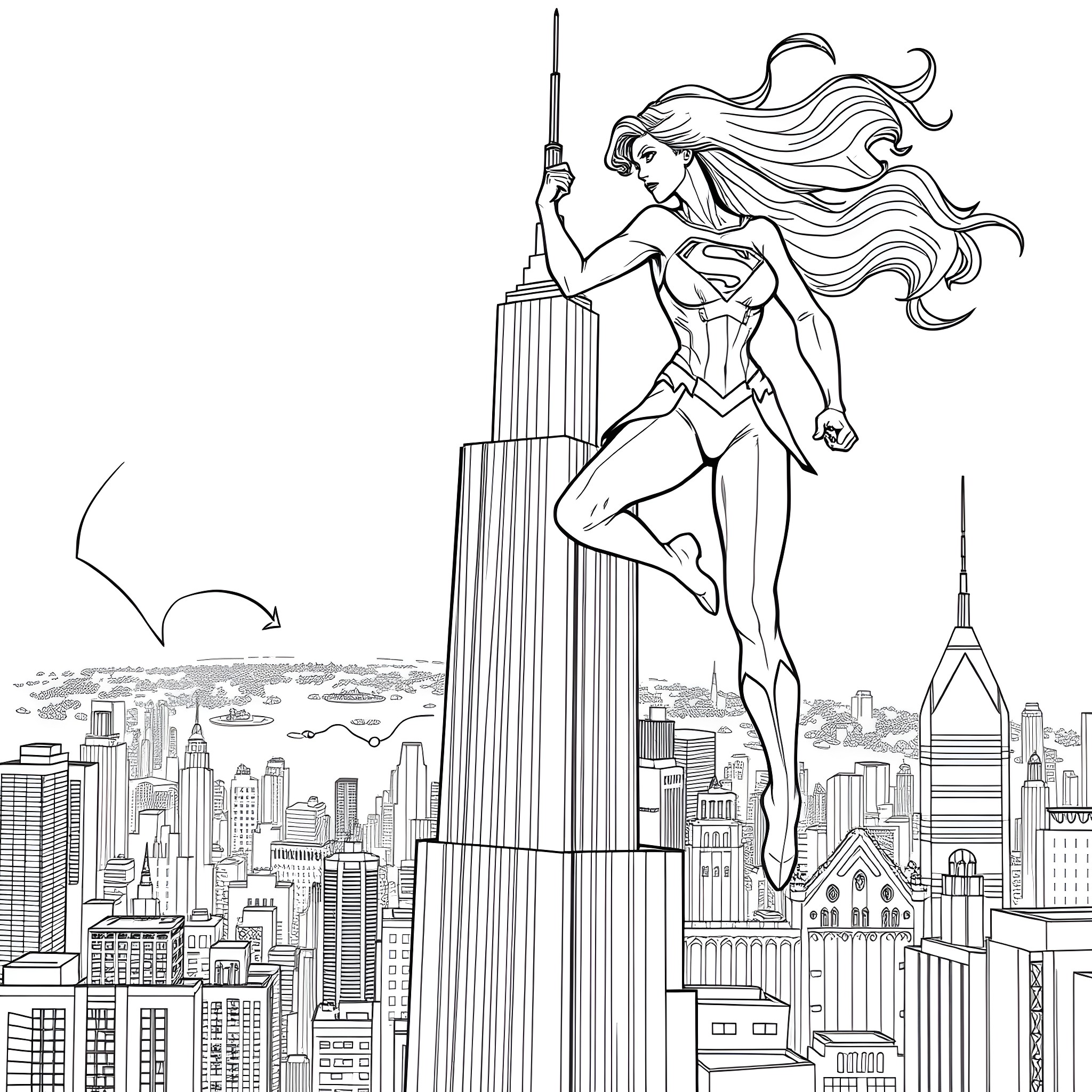 Superman heroine leaping heroically over the city skyline Coloring Page (free black-and-white line drawing printable PDF for all, from beginners to advanced learners, including children, teens, adults, and seniors)
