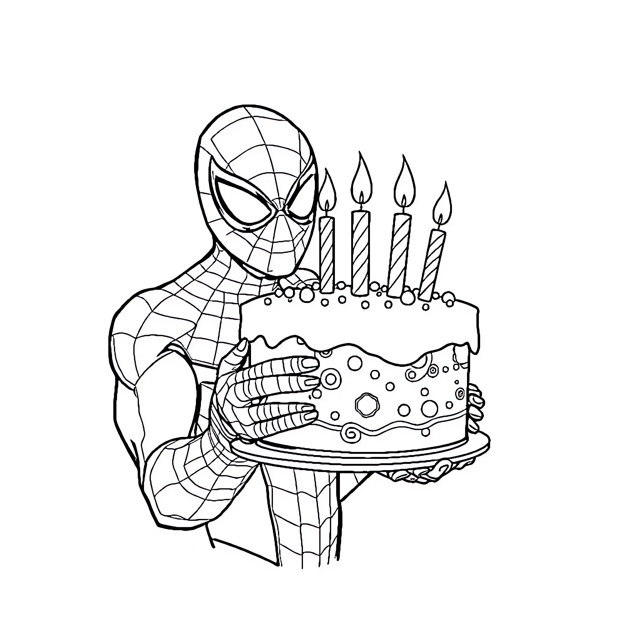 Spiderman celebrating birthday with cake and candles Coloring Page (free black-and-white line drawing printable PDF for all, from beginners to advanced learners, including children, teens, adults, and seniors)