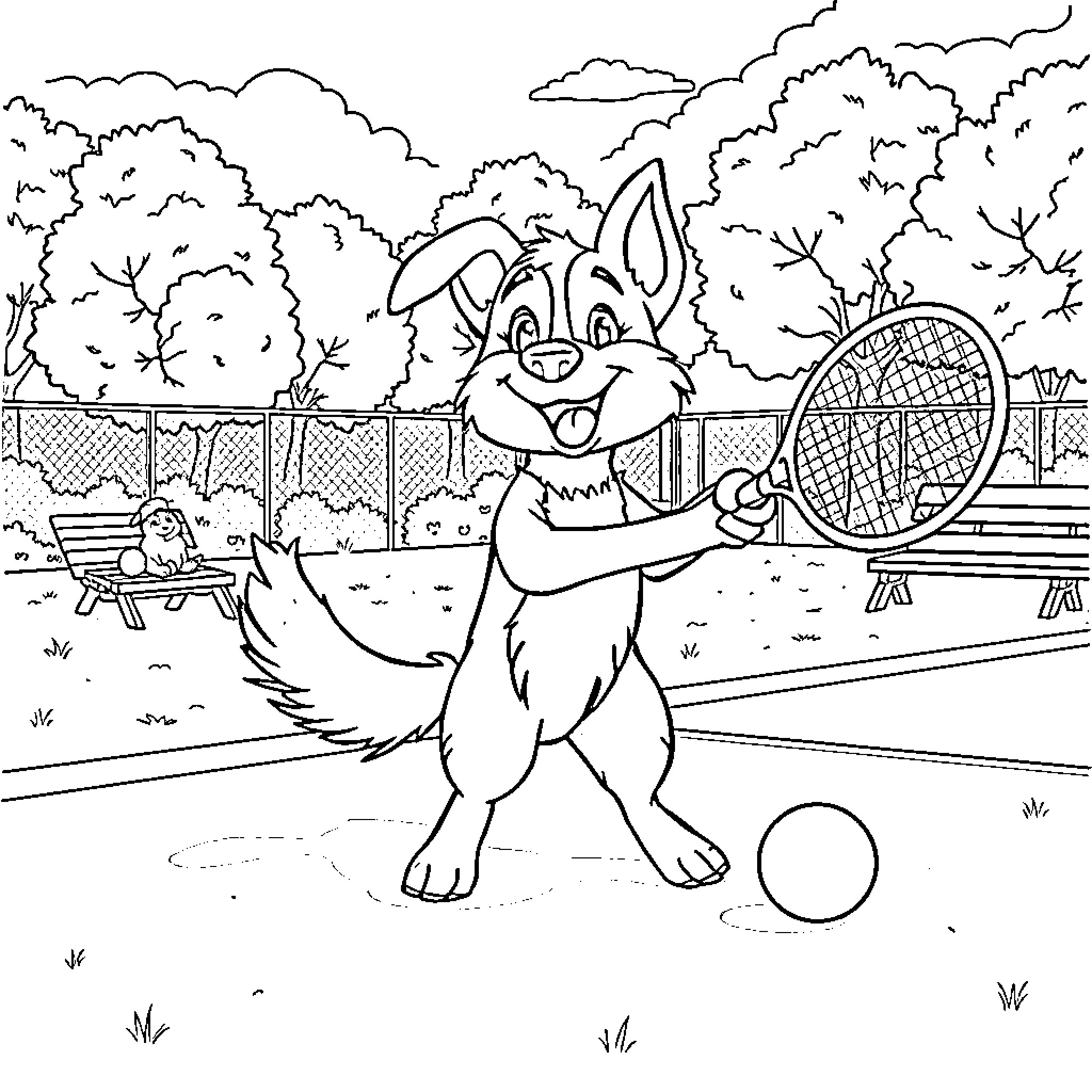 Bluey playing tennis in the park Coloring Page (free black-and-white line drawing printable PDF for all, from beginners to advanced learners, including children, teens, adults, and seniors)