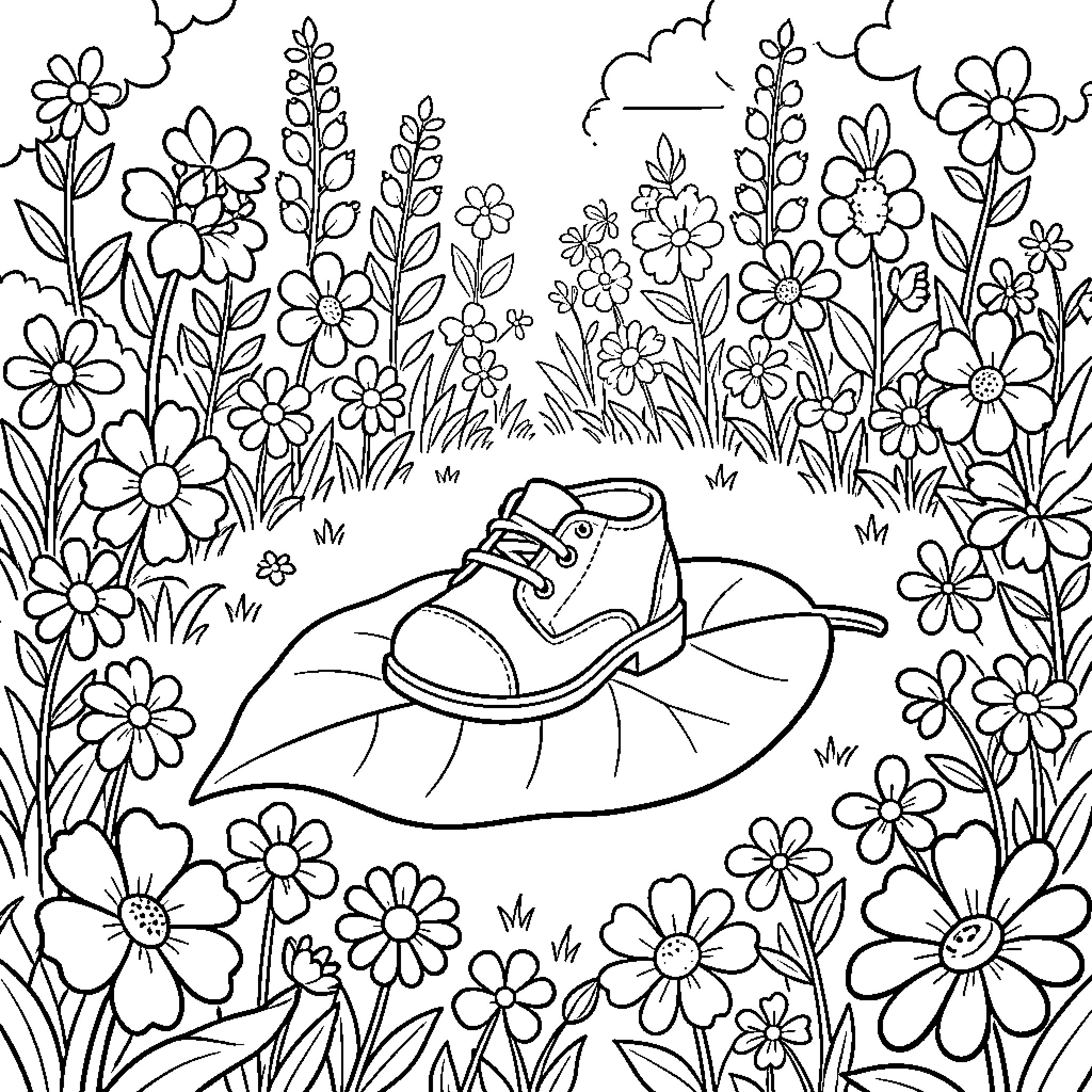 Toad resting on a flower petal amidst blooming garden Coloring Page (free black-and-white line drawing printable PDF for all, from beginners to advanced learners, including children, teens, adults, and seniors)