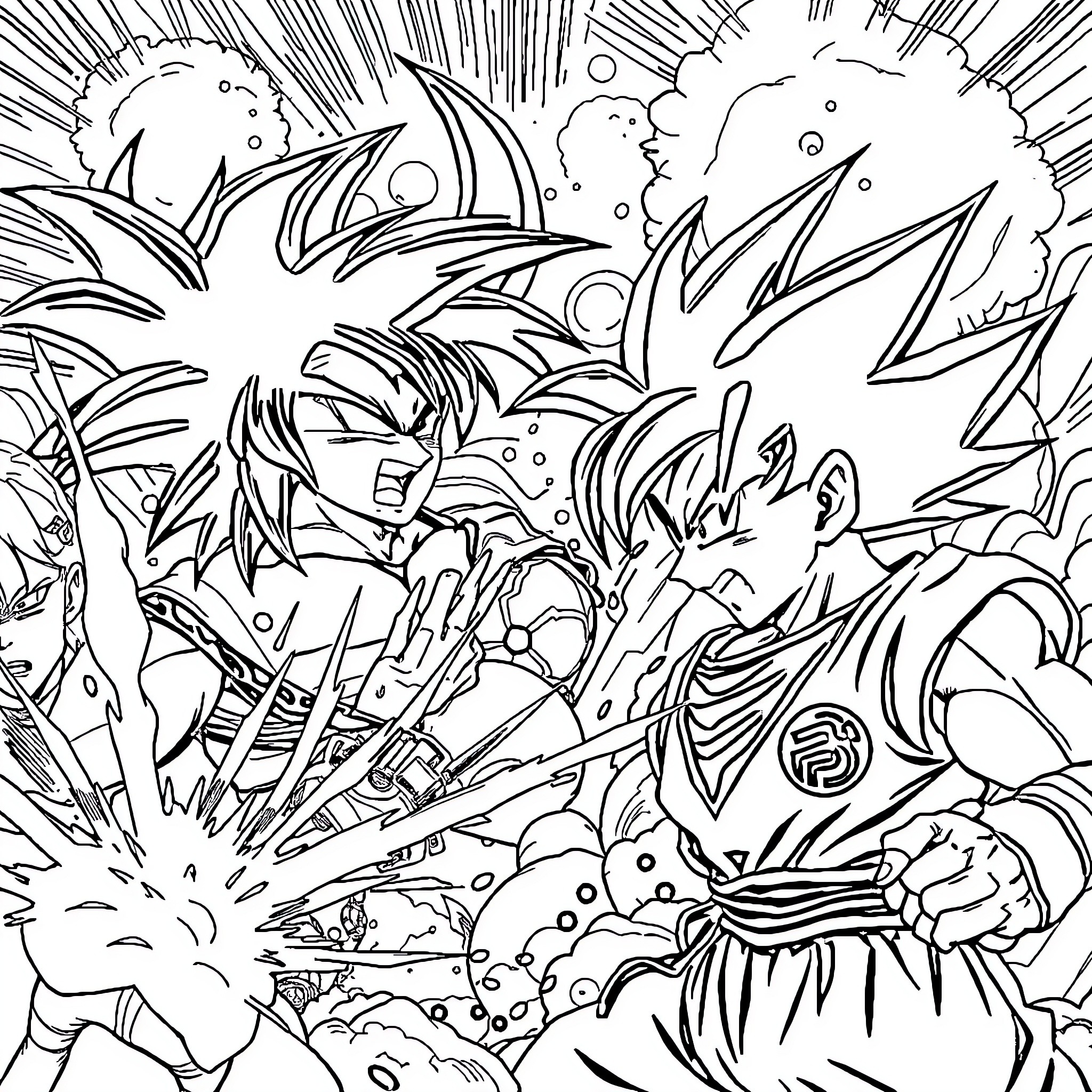 Dragon Ball Z: Intense Battle Between Warriors Coloring Page (free black-and-white line drawing printable PDF for all, from beginners to advanced learners, including children, teens, adults, and seniors)