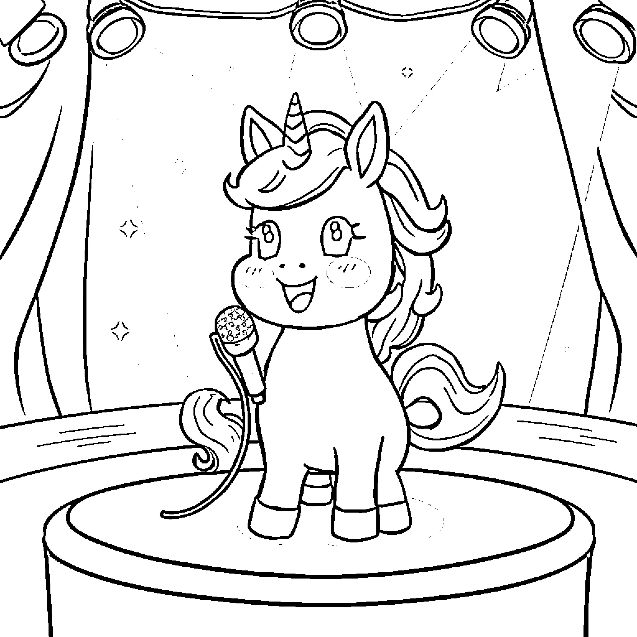 Unicorn singing joyfully on stage Coloring Page (free black-and-white line drawing printable PDF for all, from beginners to advanced learners, including children, teens, adults, and seniors)
